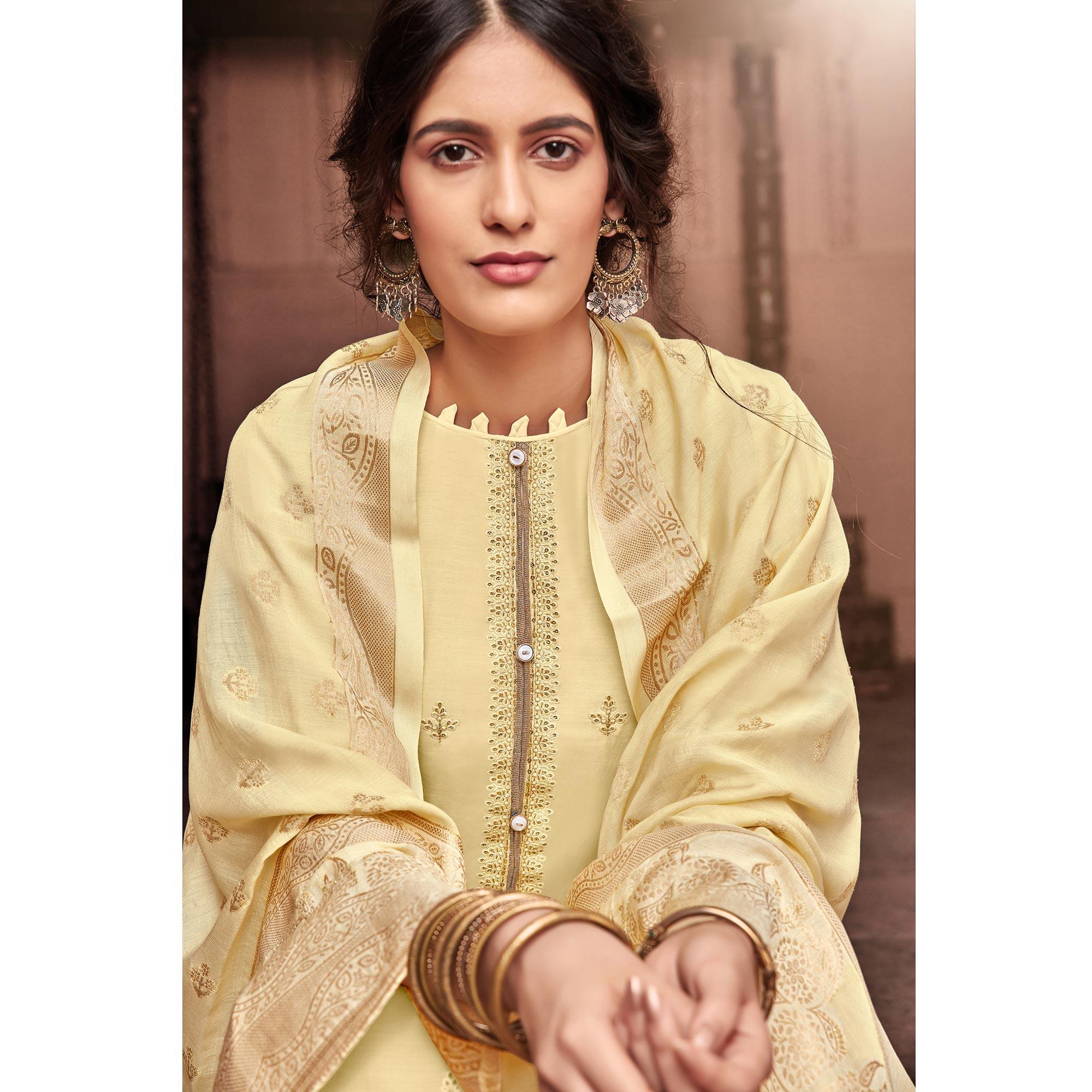 Elegant Cream Colored Partywear Embroidered Viscose Muslin Palazzo Suit - Peachmode
