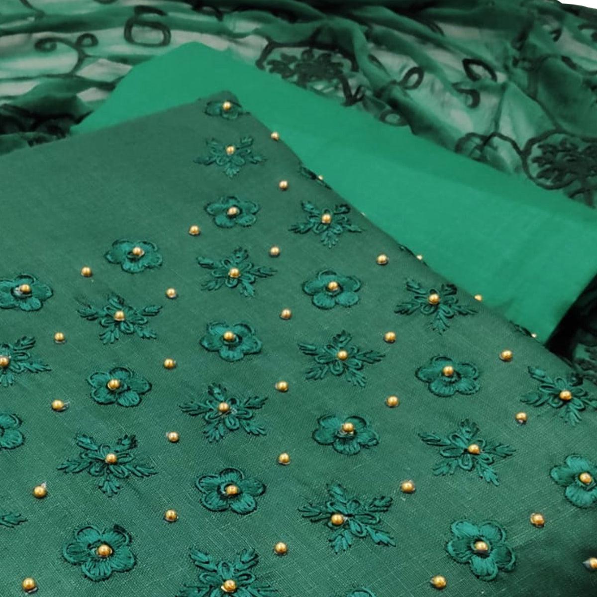 Elegant Dark Green Colored Casual Wear Embroidered Cotton Dress Material - Peachmode