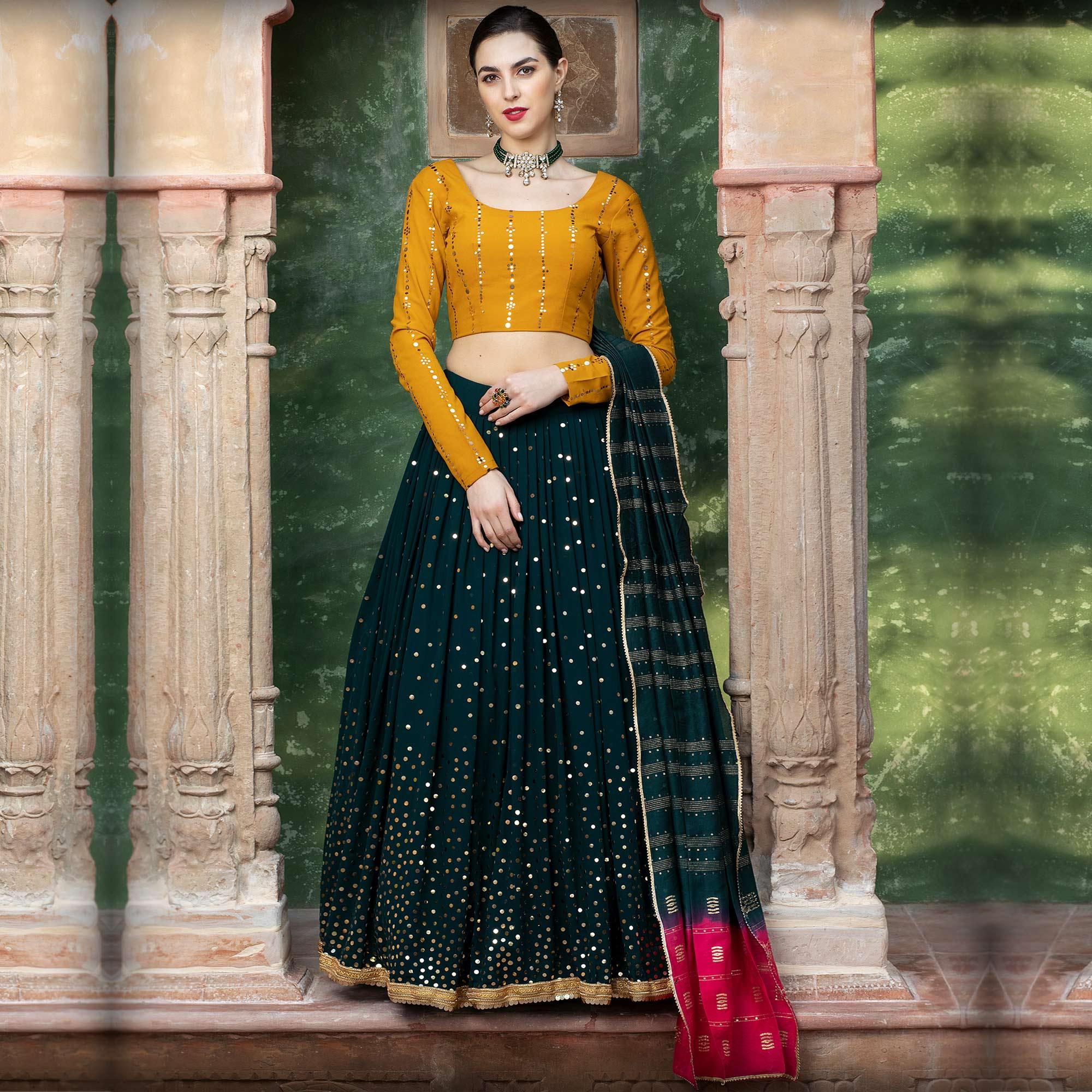 Elegant Dark Green Coloured Festive Wear Fancy Sequence Work Georgette Lehenga Choli - Peachmode