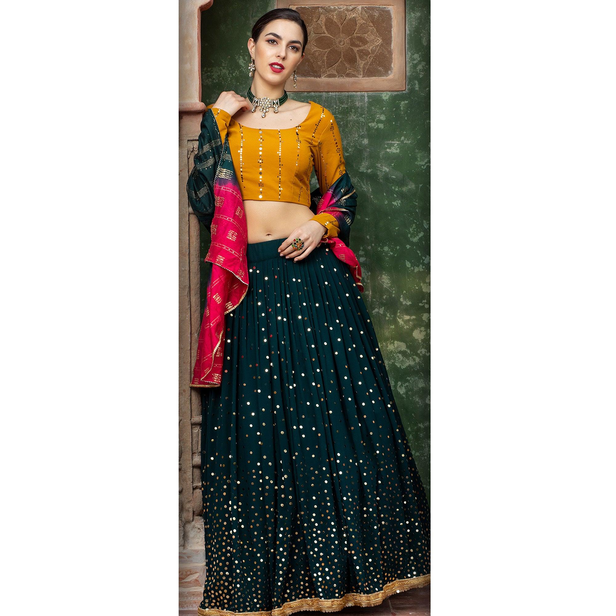 Elegant Dark Green Coloured Festive Wear Fancy Sequence Work Georgette Lehenga Choli - Peachmode