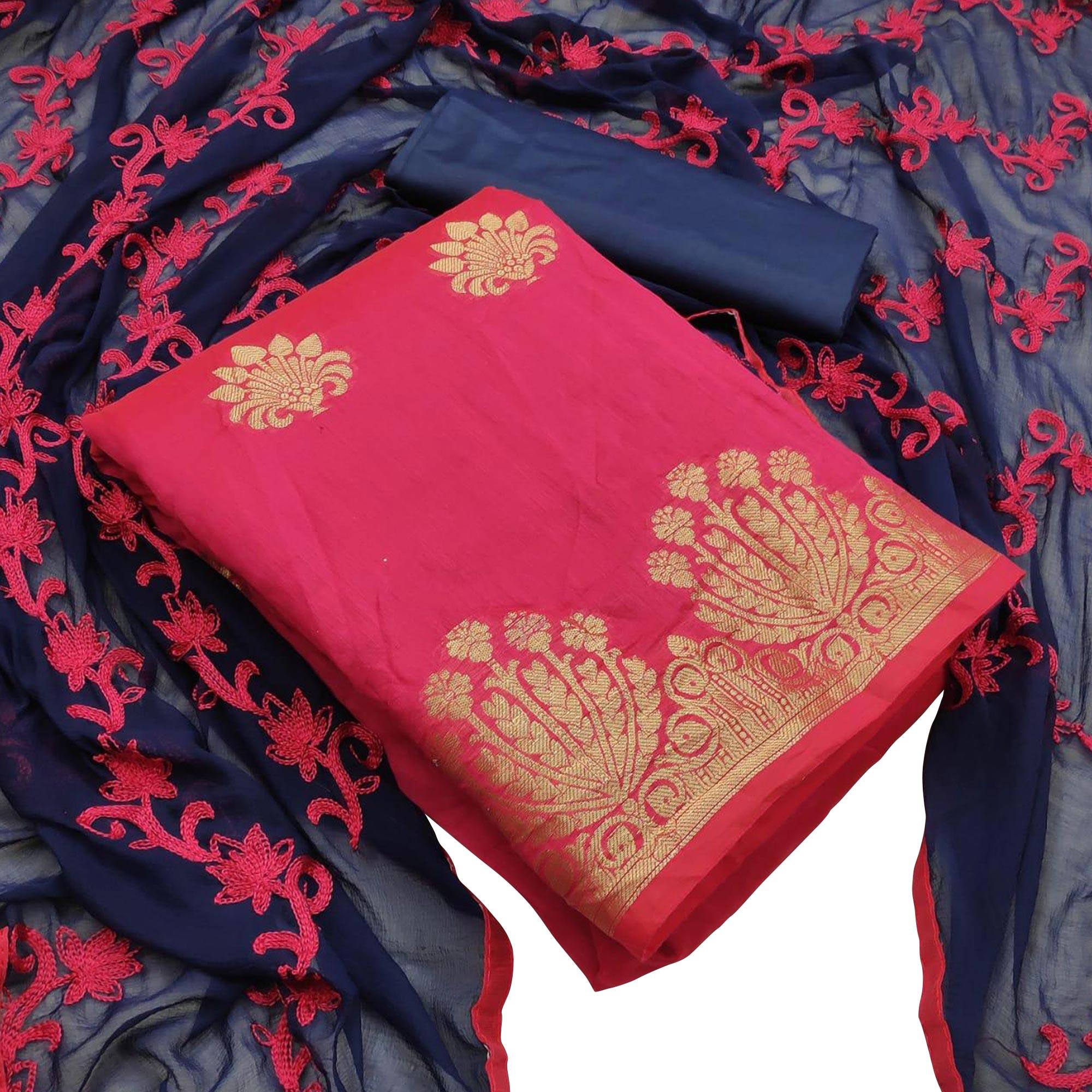 Elegant Deep Pink Colored Casual Wear Woven Banarasi Silk Dress Material - Peachmode