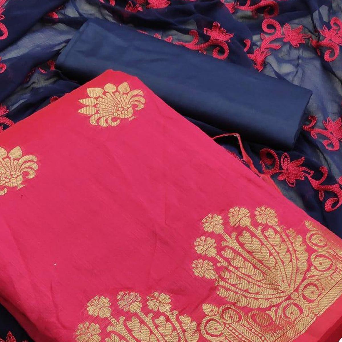 Elegant Deep Pink Colored Casual Wear Woven Banarasi Silk Dress Material - Peachmode