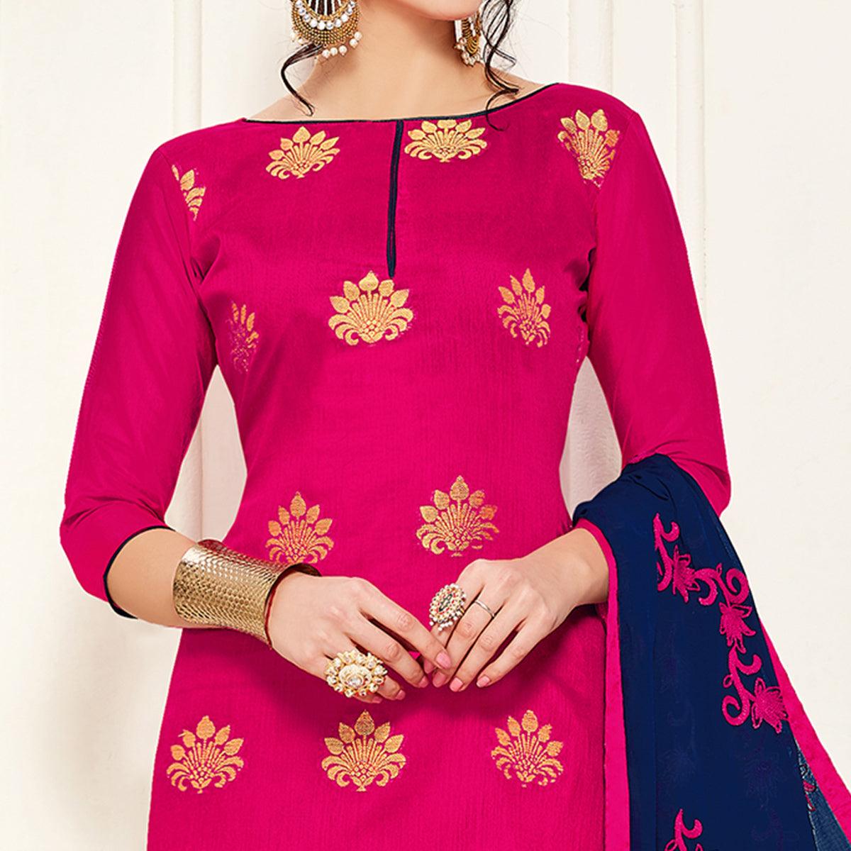 Elegant Deep Pink Colored Casual Wear Woven Banarasi Silk Dress Material - Peachmode