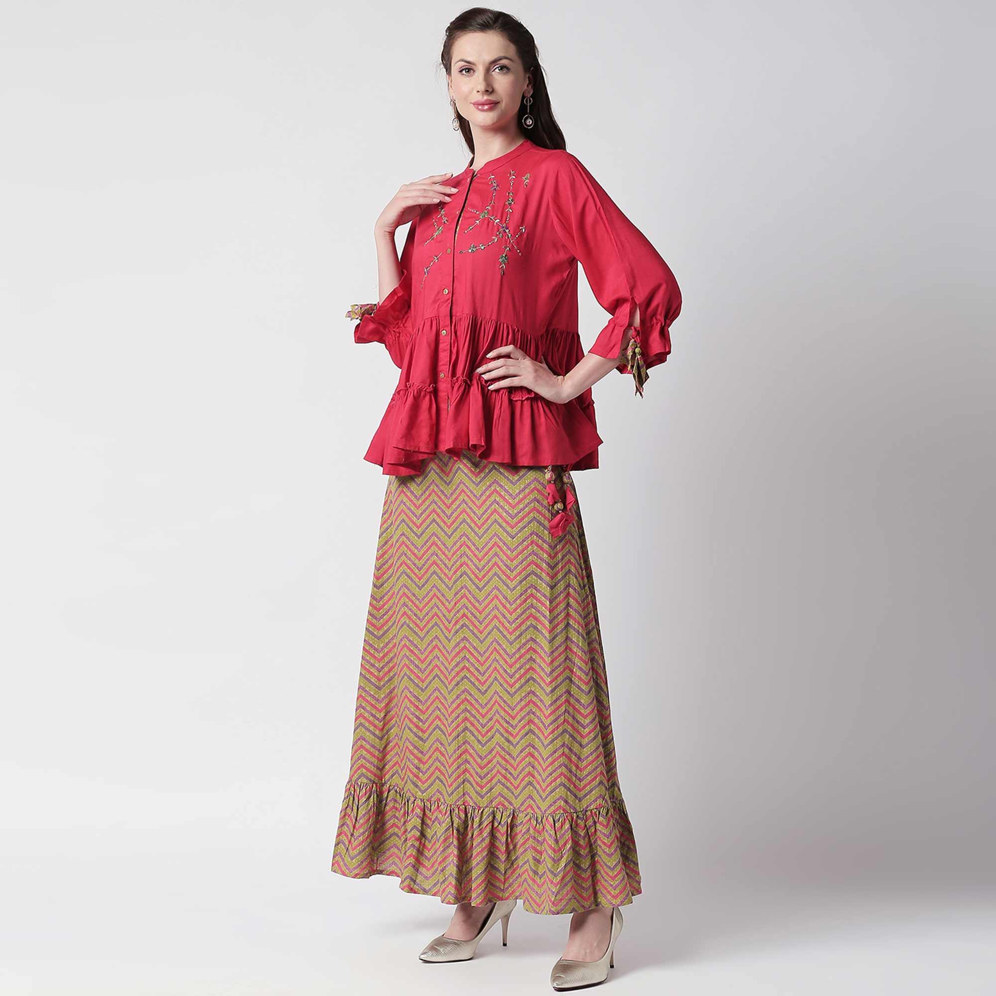 Elegant Fuschia Pink Colored Partywear Cotton Short Kurti - Skirt Set - Peachmode