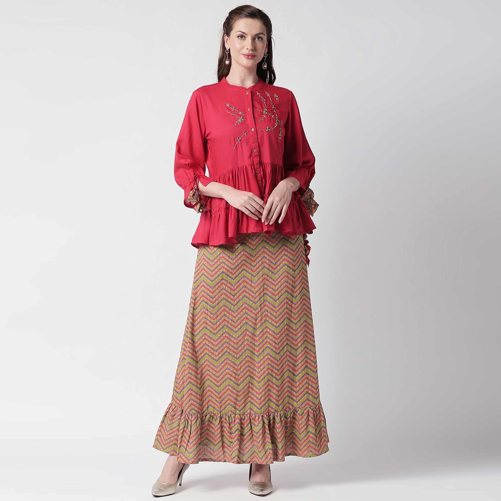 Elegant Fuschia Pink Colored Partywear Cotton Short Kurti - Skirt Set - Peachmode