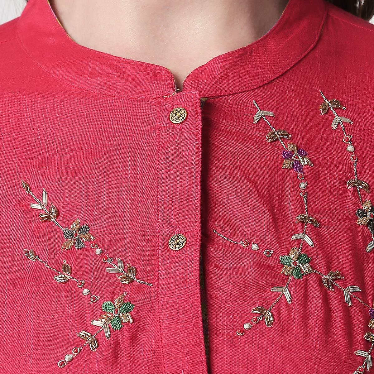 Elegant Fuschia Pink Colored Partywear Cotton Short Kurti - Skirt Set - Peachmode