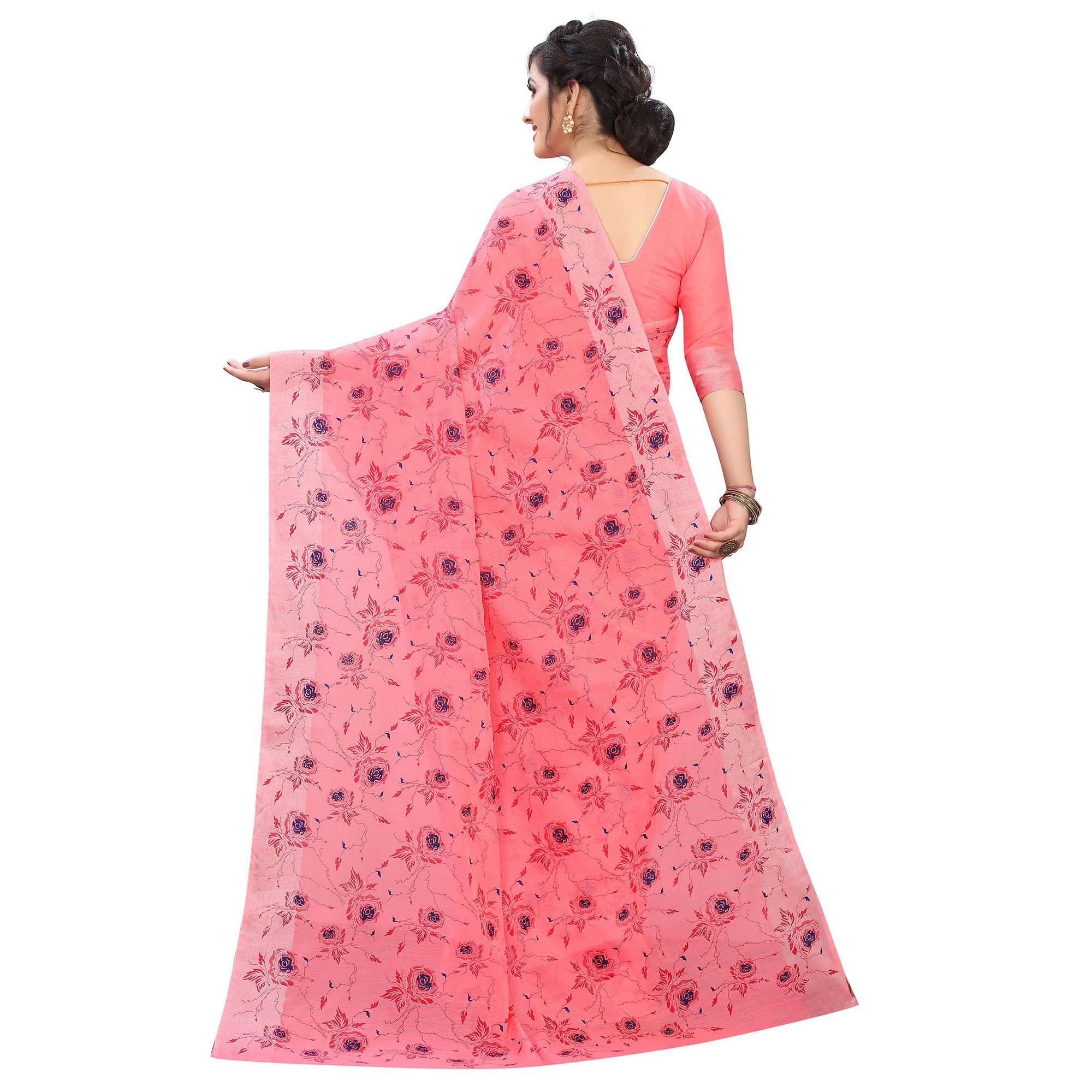 Elegant Gajari Colored Casual Wear Printed Cotton Linen Saree - Peachmode