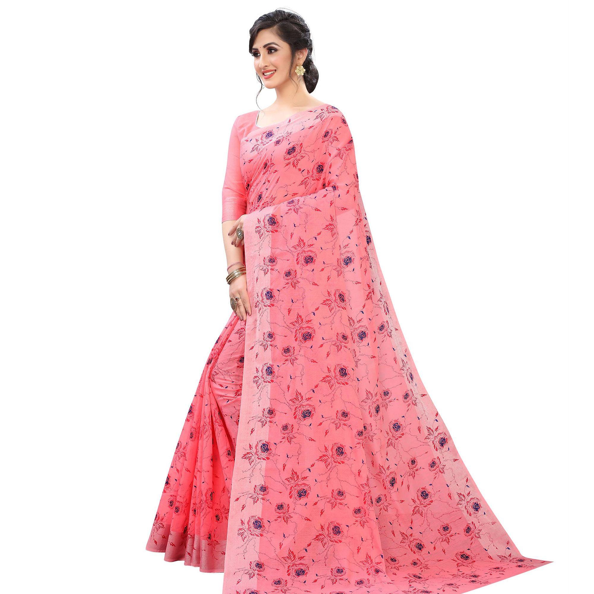 Elegant Gajari Colored Casual Wear Printed Cotton Linen Saree - Peachmode