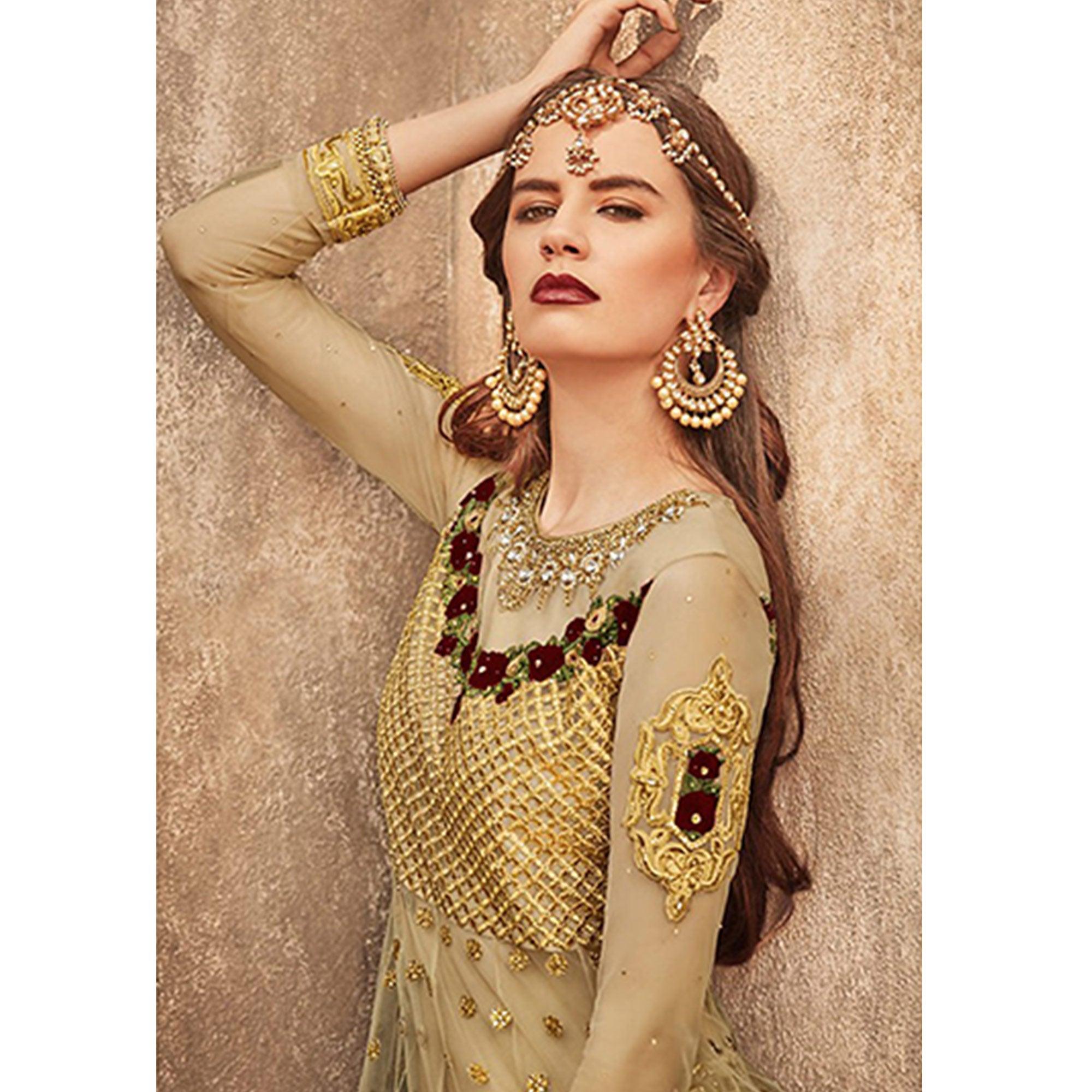 Elegant Golden-Brown Colored Party Wear Embroidered Net Lehenga Choli - Peachmode