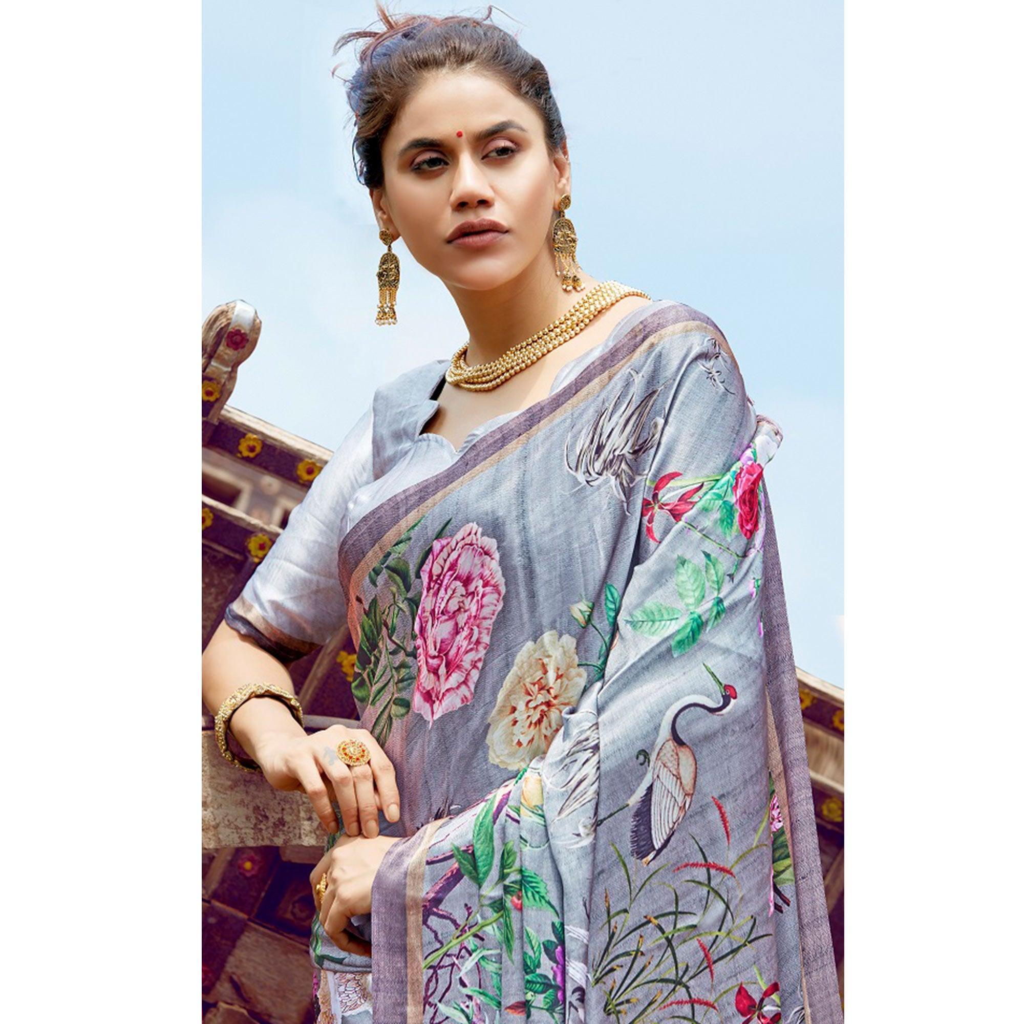 Elegant Gray Colored Casual Digital Printed Satin Crepe Saree - Peachmode