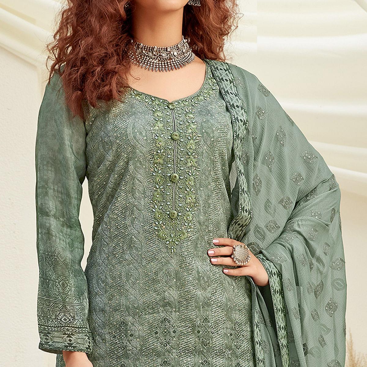 Elegant Green Colored Embroidered With Digital Printed Partywear Pure Viscose Chinnon Chiffon Palazzo Suit - Peachmode