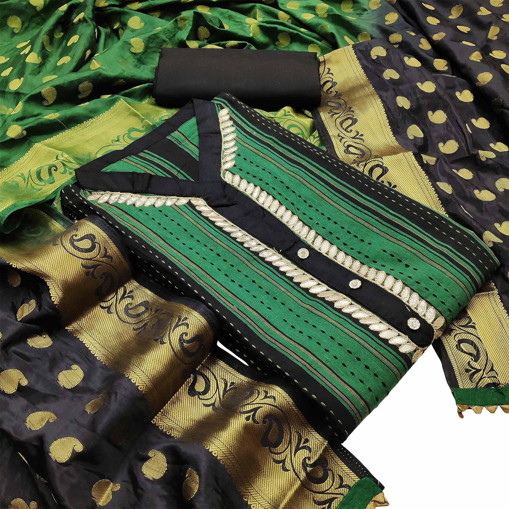 Elegant Green Colored Festive Wear Embroidered Woven Cotton Dress Material - Peachmode