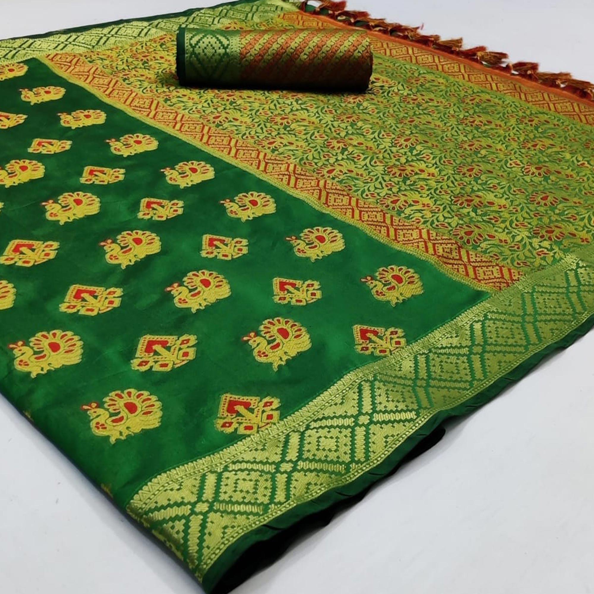 Elegant Green Colored Festive Wear Woven Cotton Saree - Peachmode
