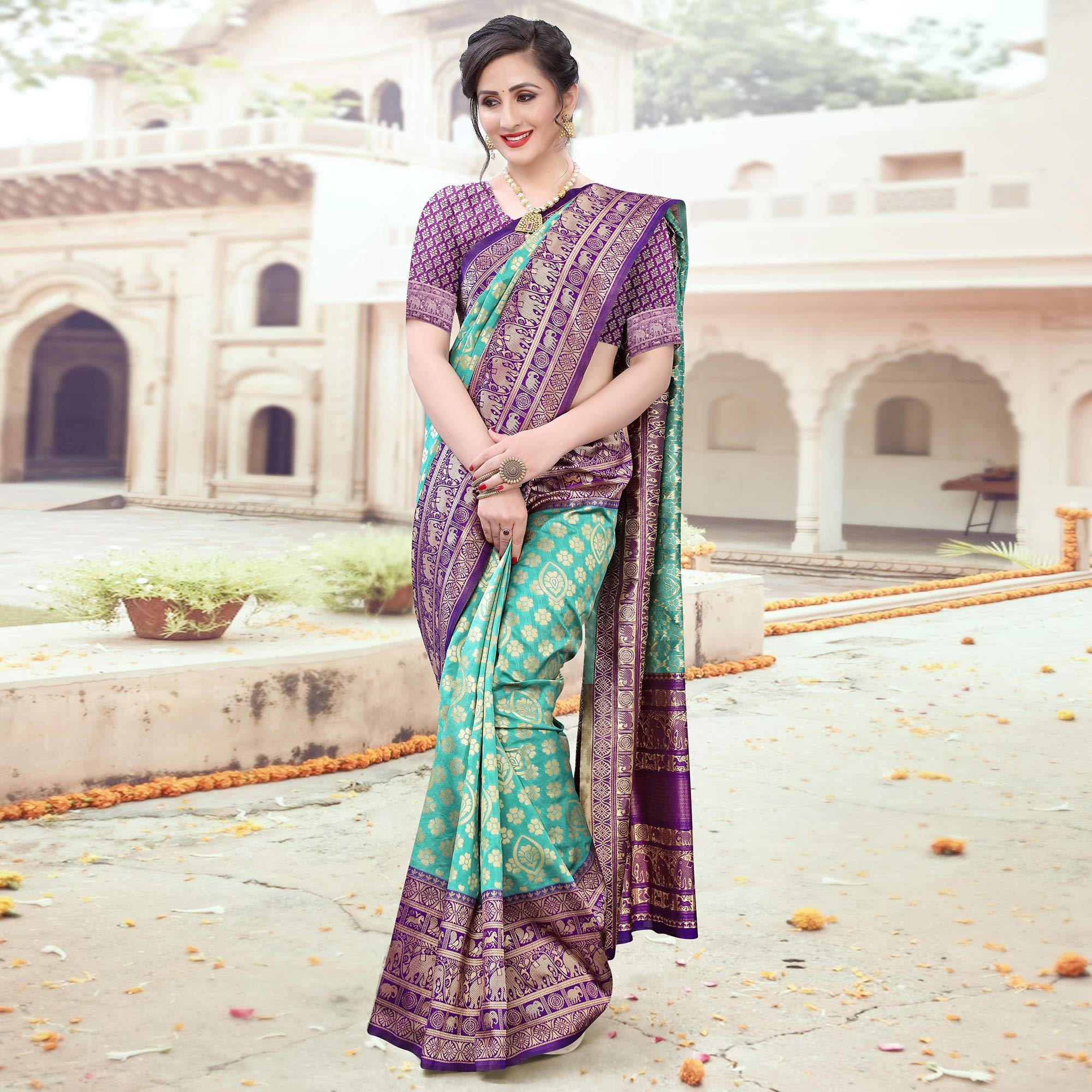 Elegant Green Colored Festive Wear Woven Heavy Banarasi Silk Saree - Peachmode
