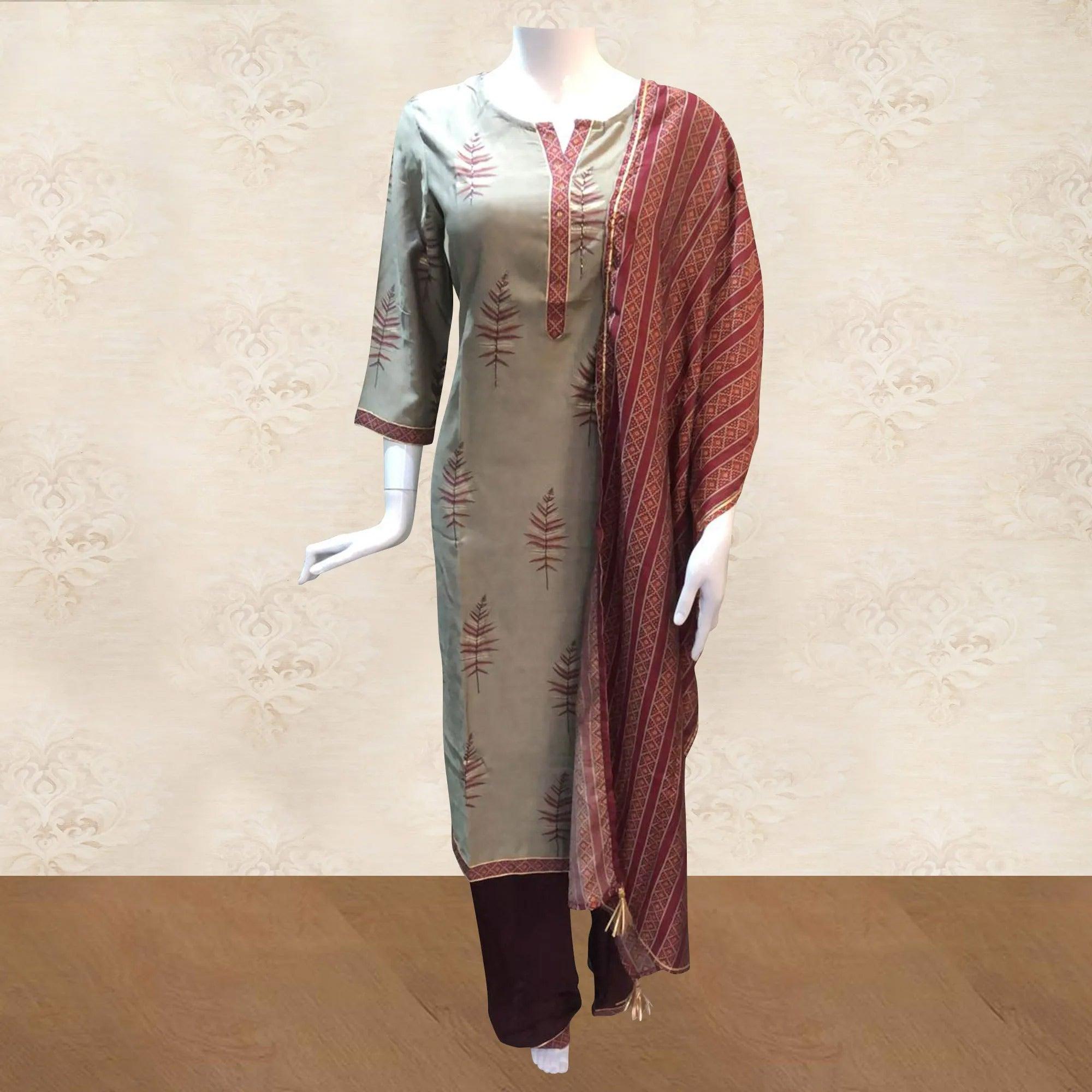 Elegant Grey Colored Casual Printed Stitched Cotton Palazzo Suit - Peachmode