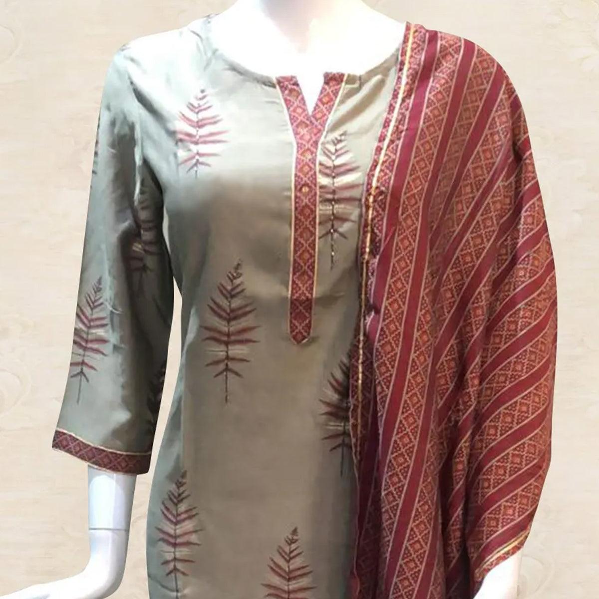Elegant Grey Colored Casual Printed Stitched Cotton Palazzo Suit - Peachmode