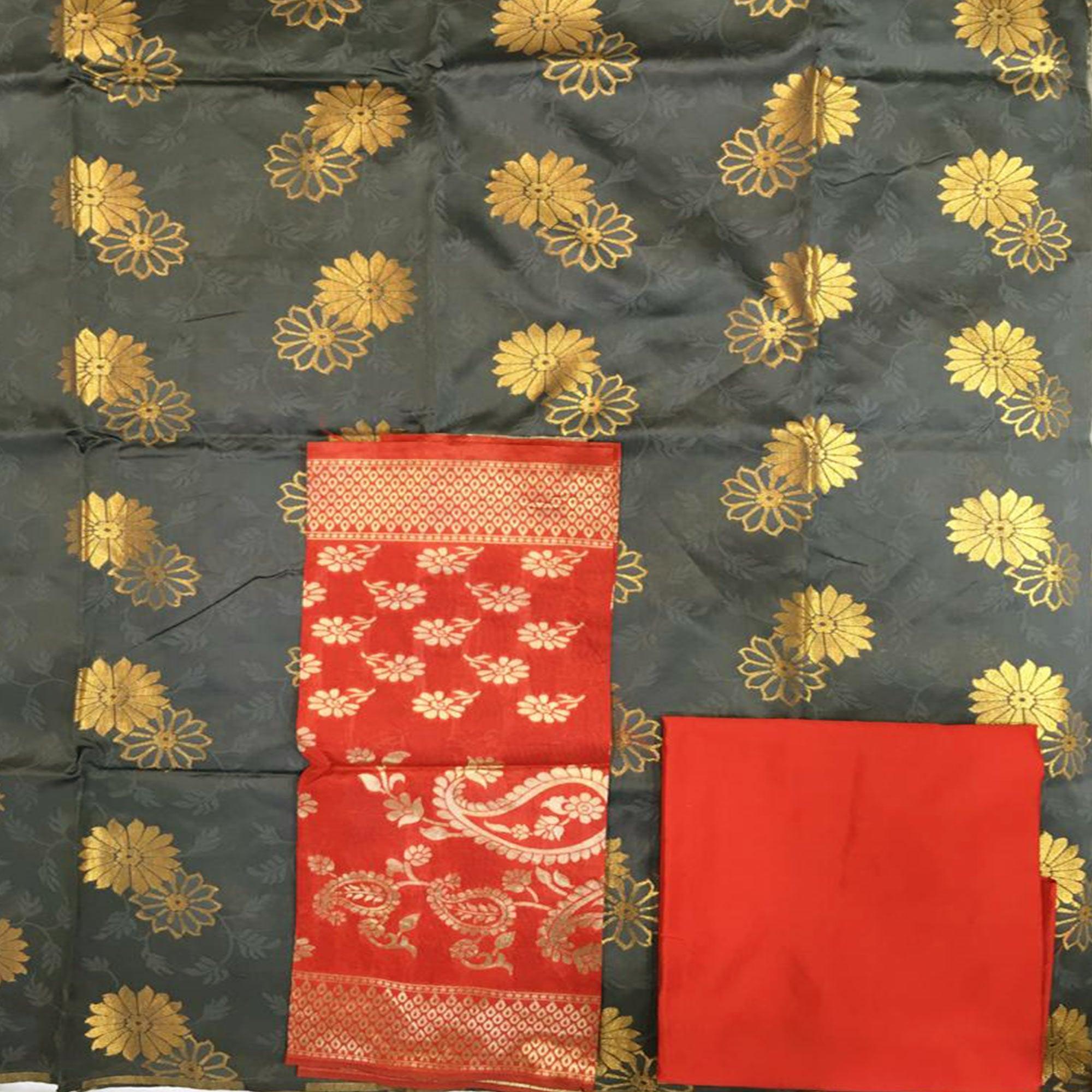 Elegant Grey Colored Casual Wear Banarasi Silk Dress Material - Peachmode