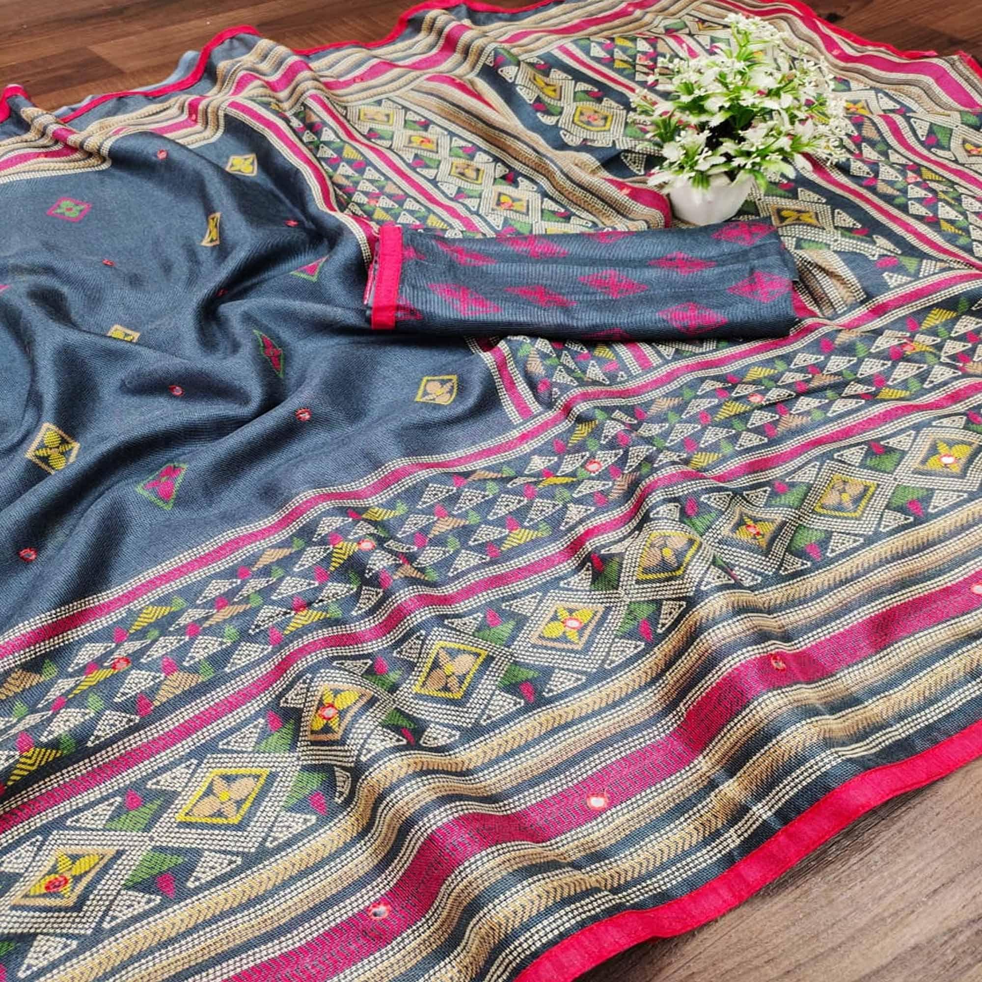 Elegant Grey Coloured Casual Wear Printed Cotton Jute Saree - Peachmode