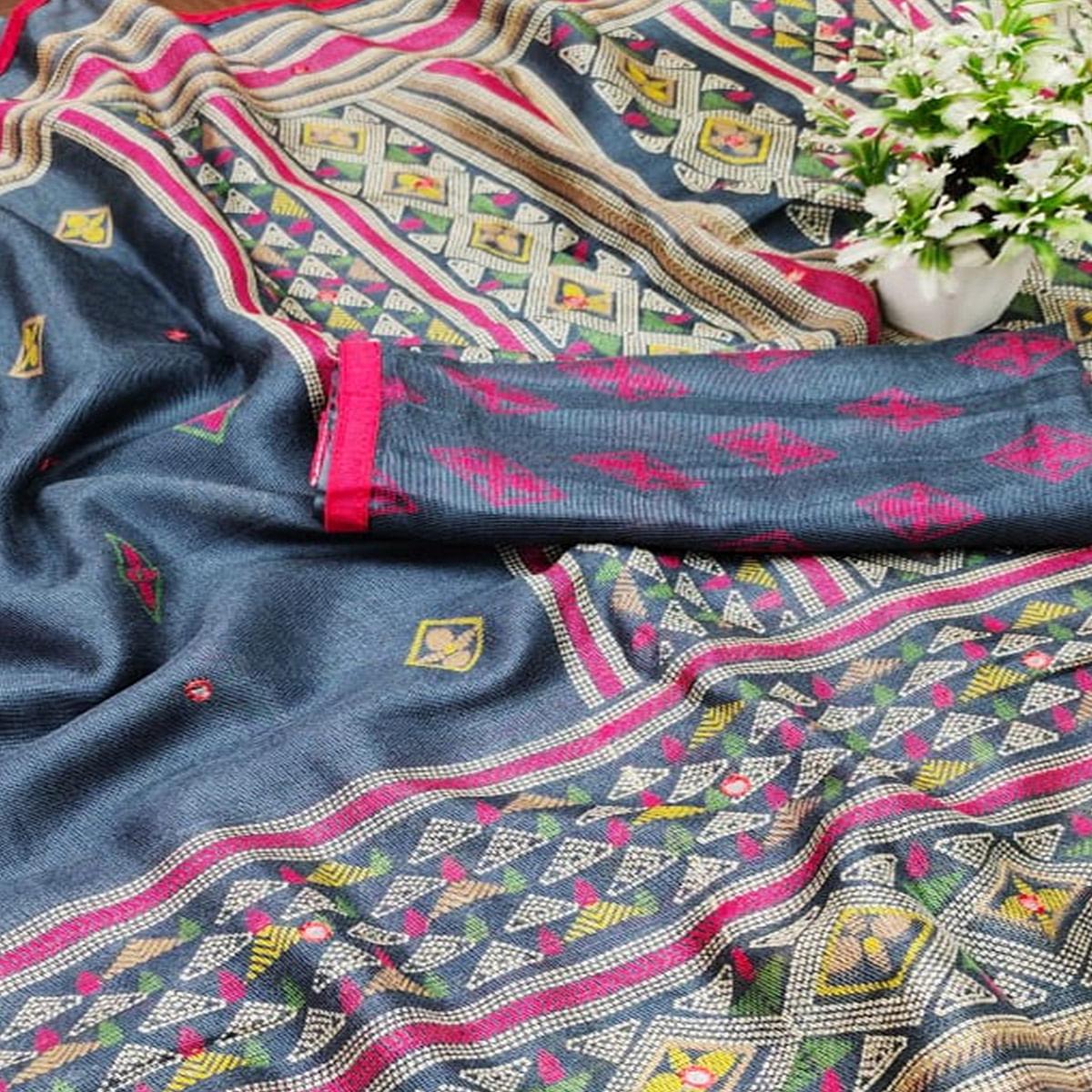 Elegant Grey Coloured Casual Wear Printed Cotton Jute Saree - Peachmode
