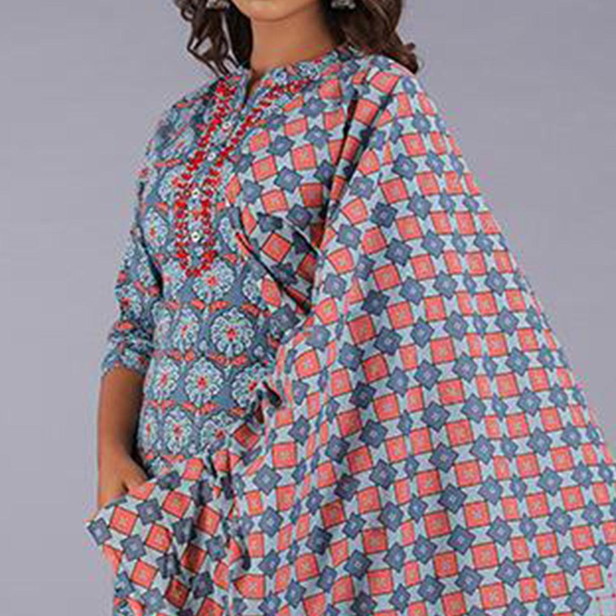 Elegant Light Blue Colored Casual Wear Printed Cotton Kurti - Pant Set With Dupatta - Peachmode