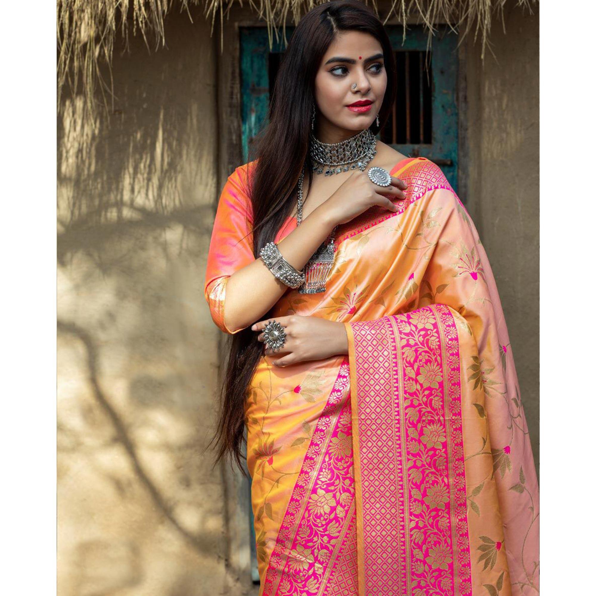 Elegant Light Orange Colored Festive Wear Woven Banarasi Silk Saree - Peachmode