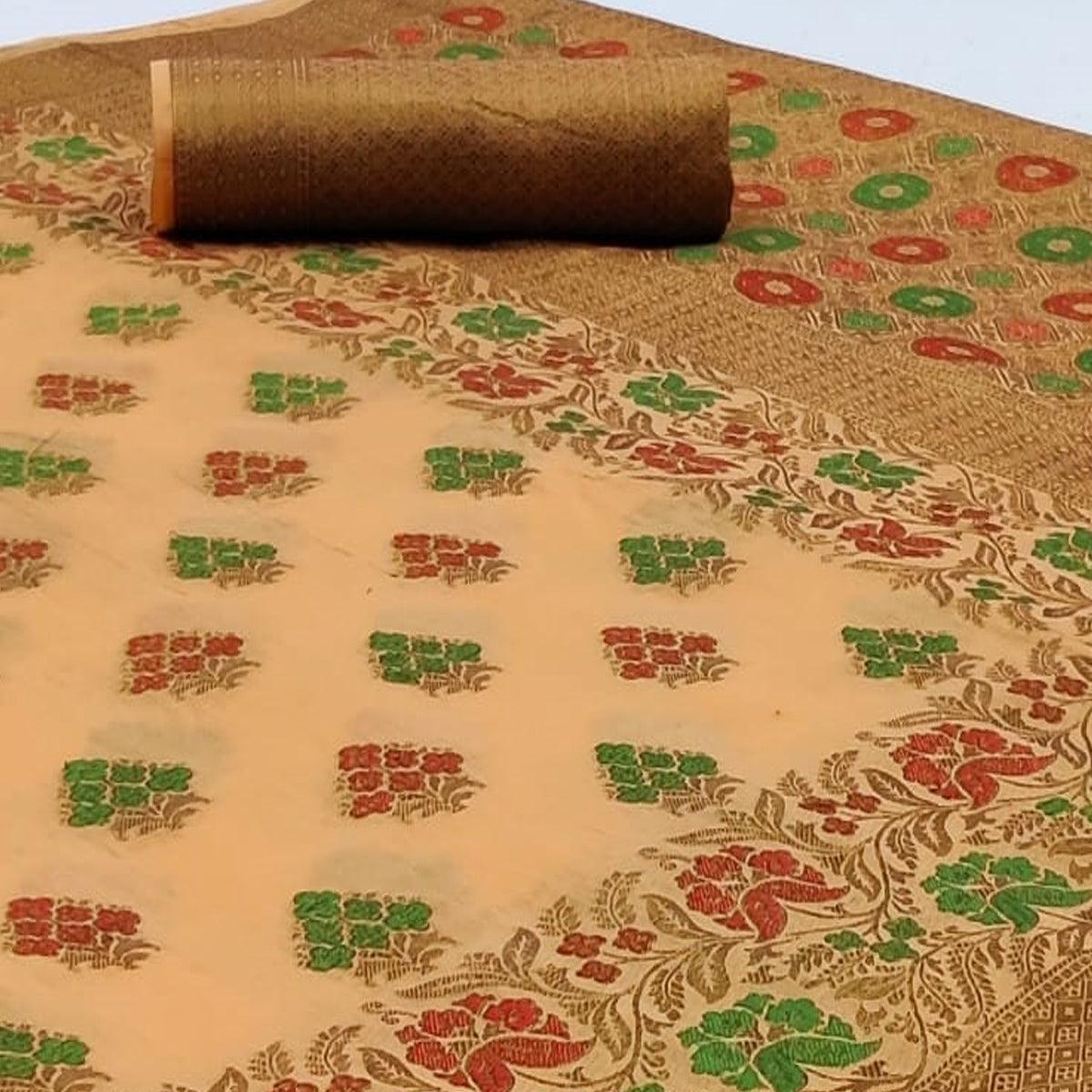 Elegant Light Peach Colored Festive Wear Woven Cotton Saree - Peachmode