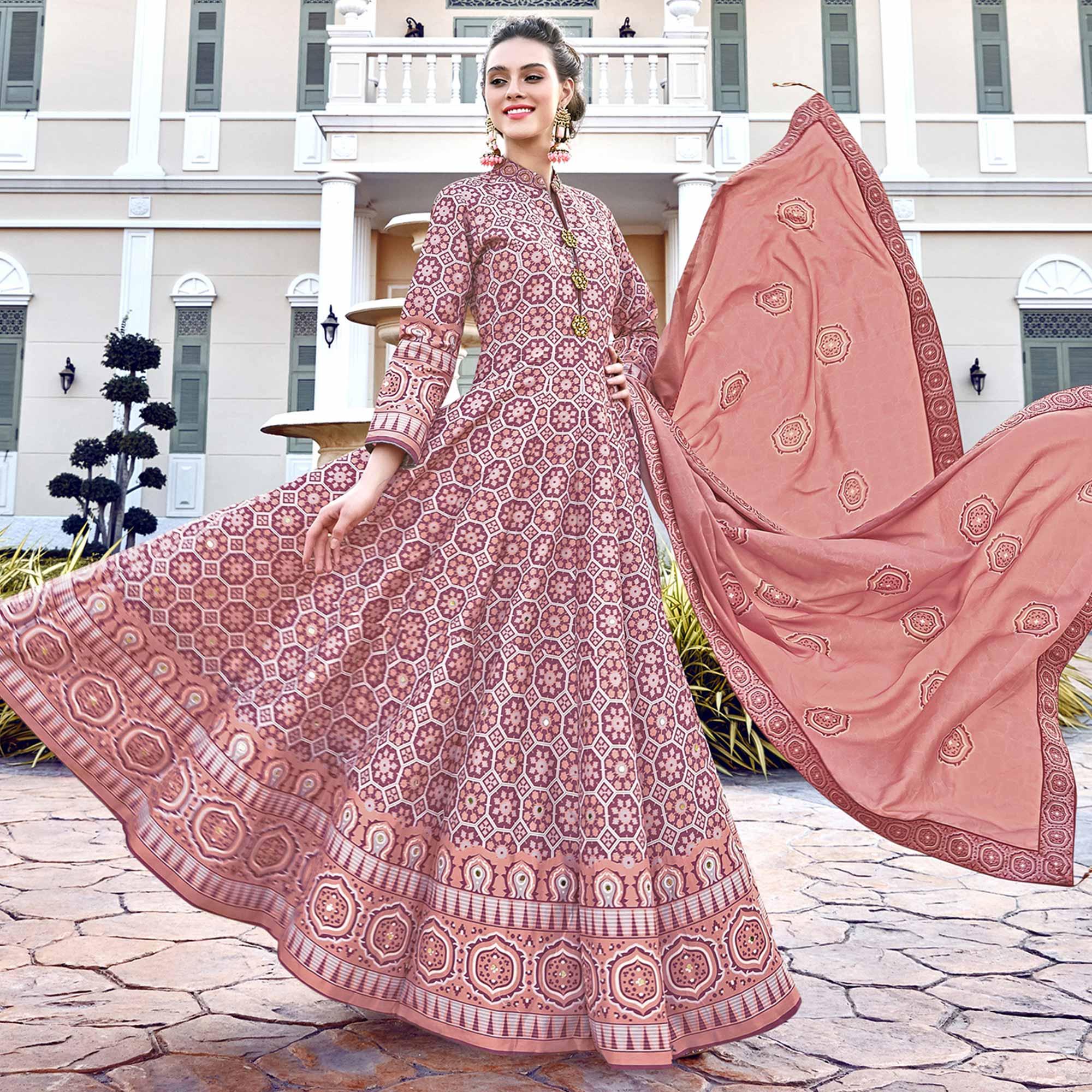 Elegant Light Salmon Colored Partywear Designer Digital Patola Print Killer Silk Anarkali Suit - Peachmode