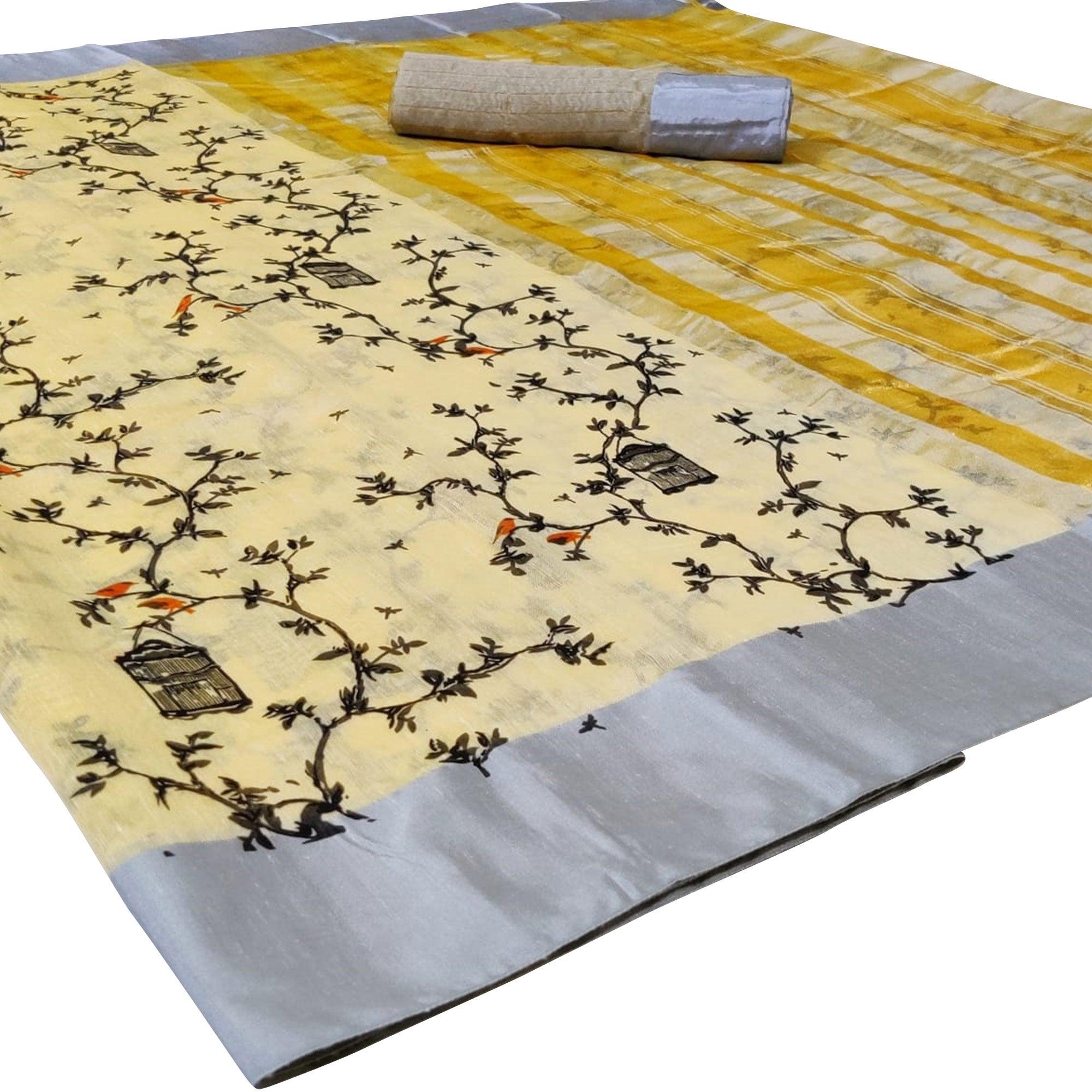 Elegant Light Yellow Colored Casual Printed-Woven Linen Saree With Tassels - Peachmode