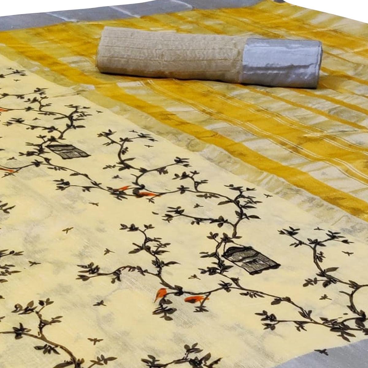 Elegant Light Yellow Colored Casual Printed-Woven Linen Saree With Tassels - Peachmode