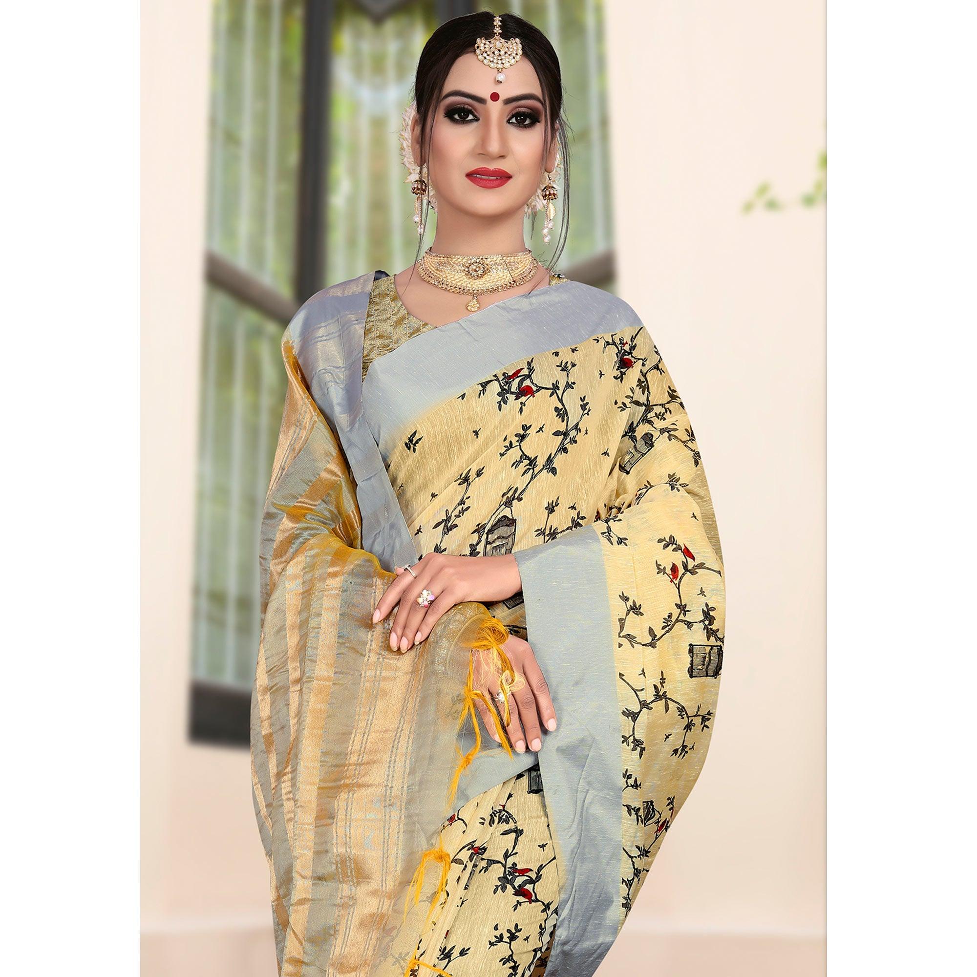 Elegant Light Yellow Colored Casual Printed-Woven Linen Saree With Tassels - Peachmode