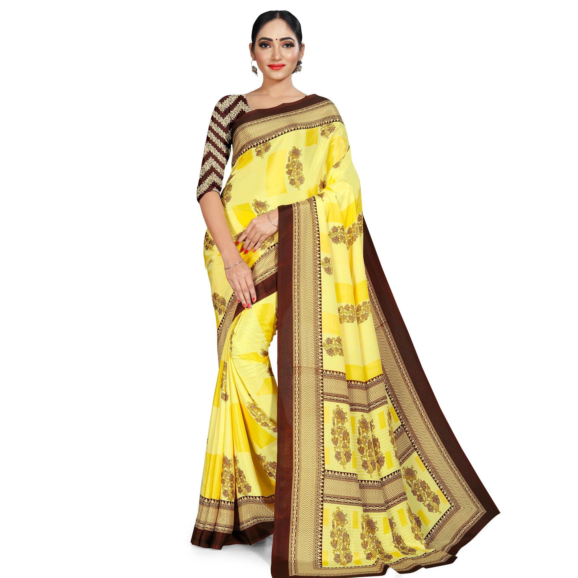 Elegant Light Yellow Colored Casual Wear Printed Crepe Saree - Peachmode