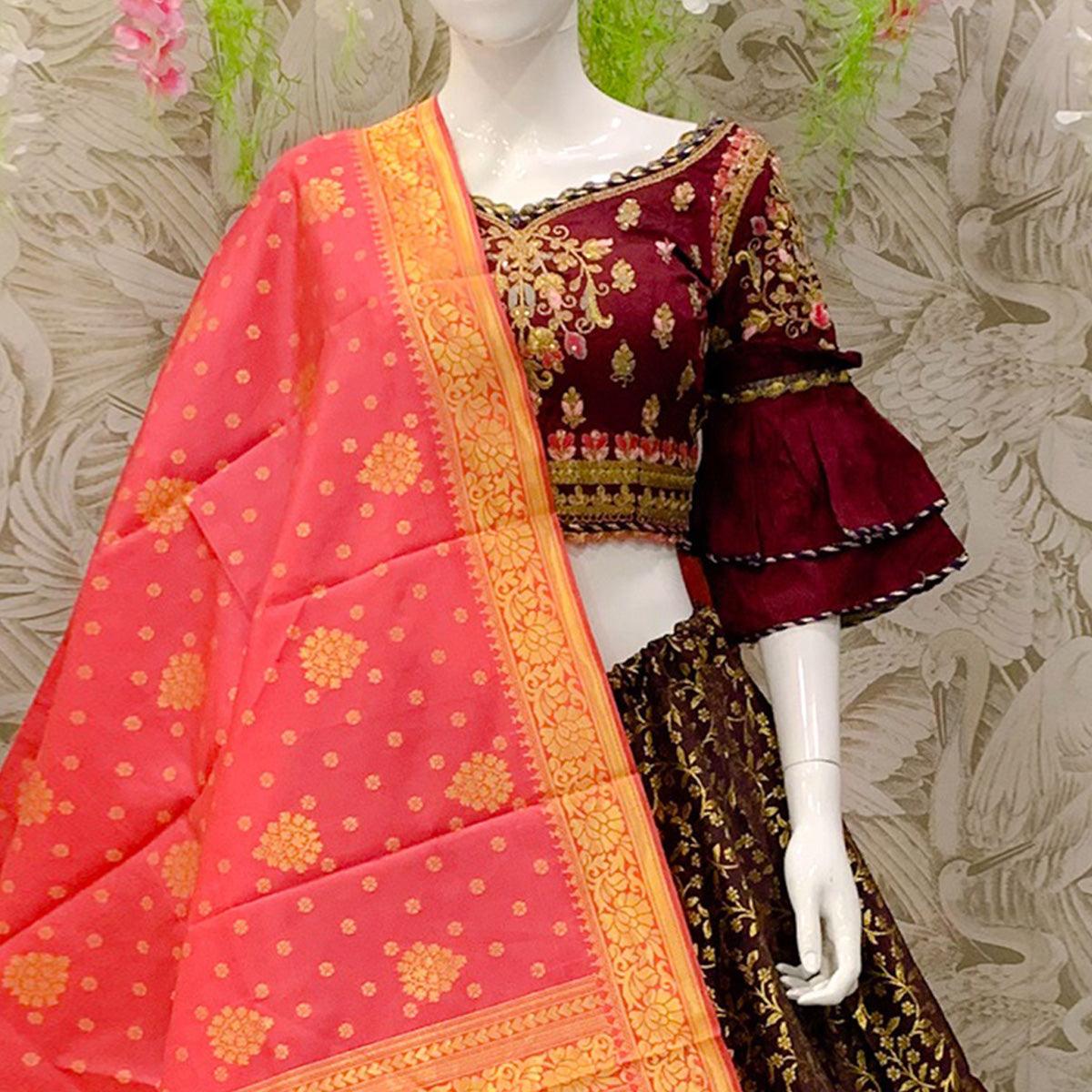 Elegant Maroon Colored Designer Wedding Wear Woven Banarasi Silk Lehenga Choli - Peachmode
