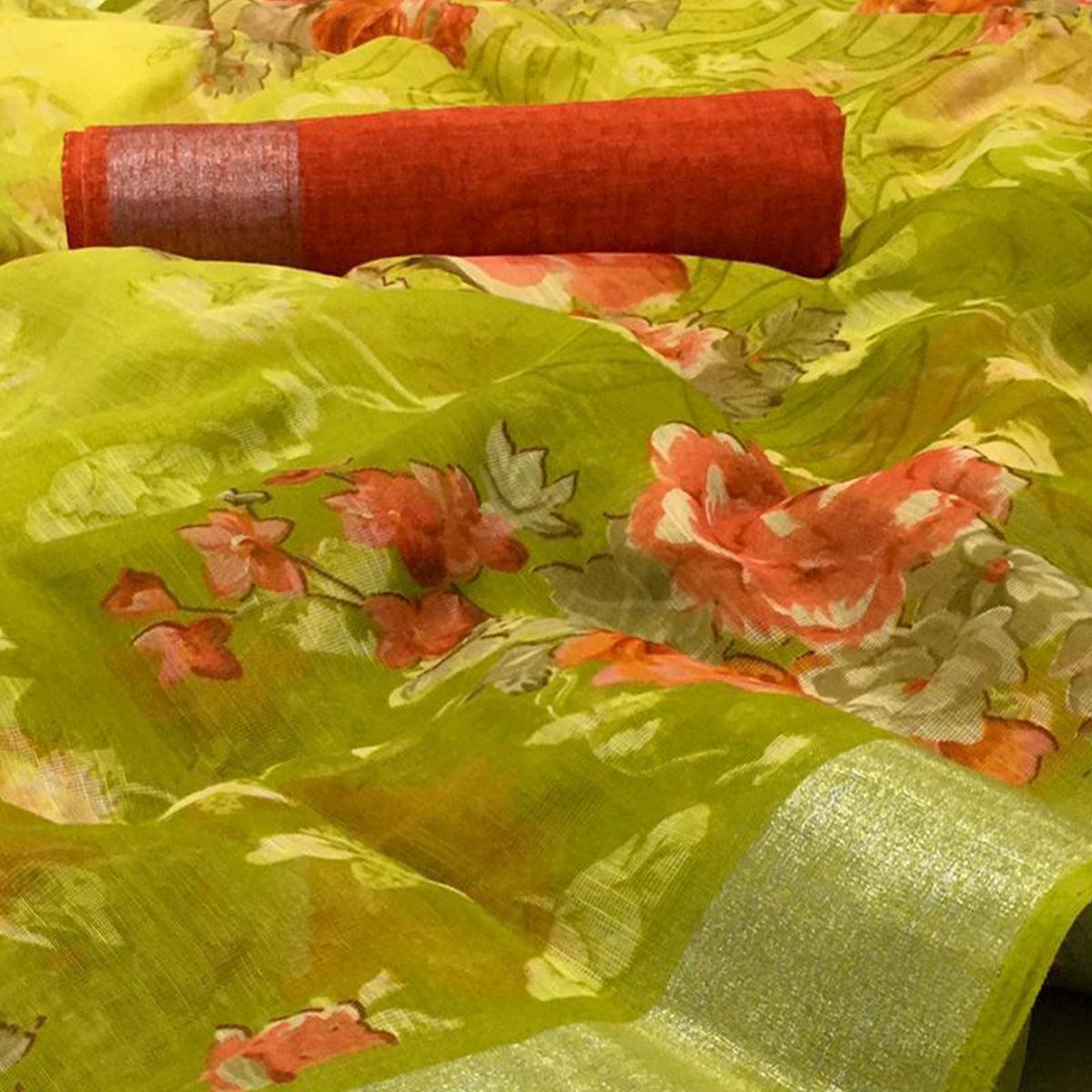 Elegant Mehendi Green Colored Casual Wear Floral Printed Linen Saree - Peachmode