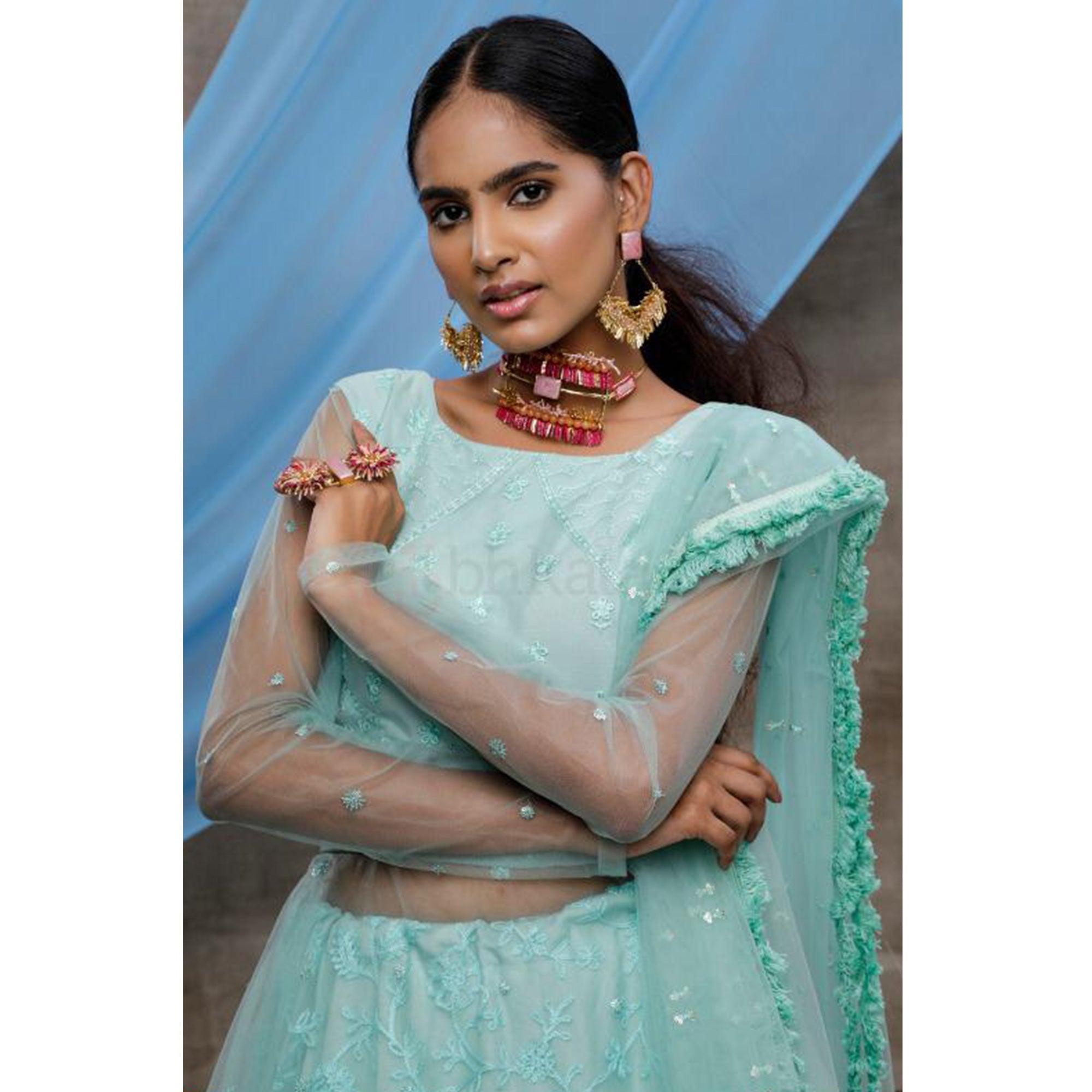 Elegant Mint Green Colored Party Wear Embroidered Net Lehenga Style Gown - Peachmode