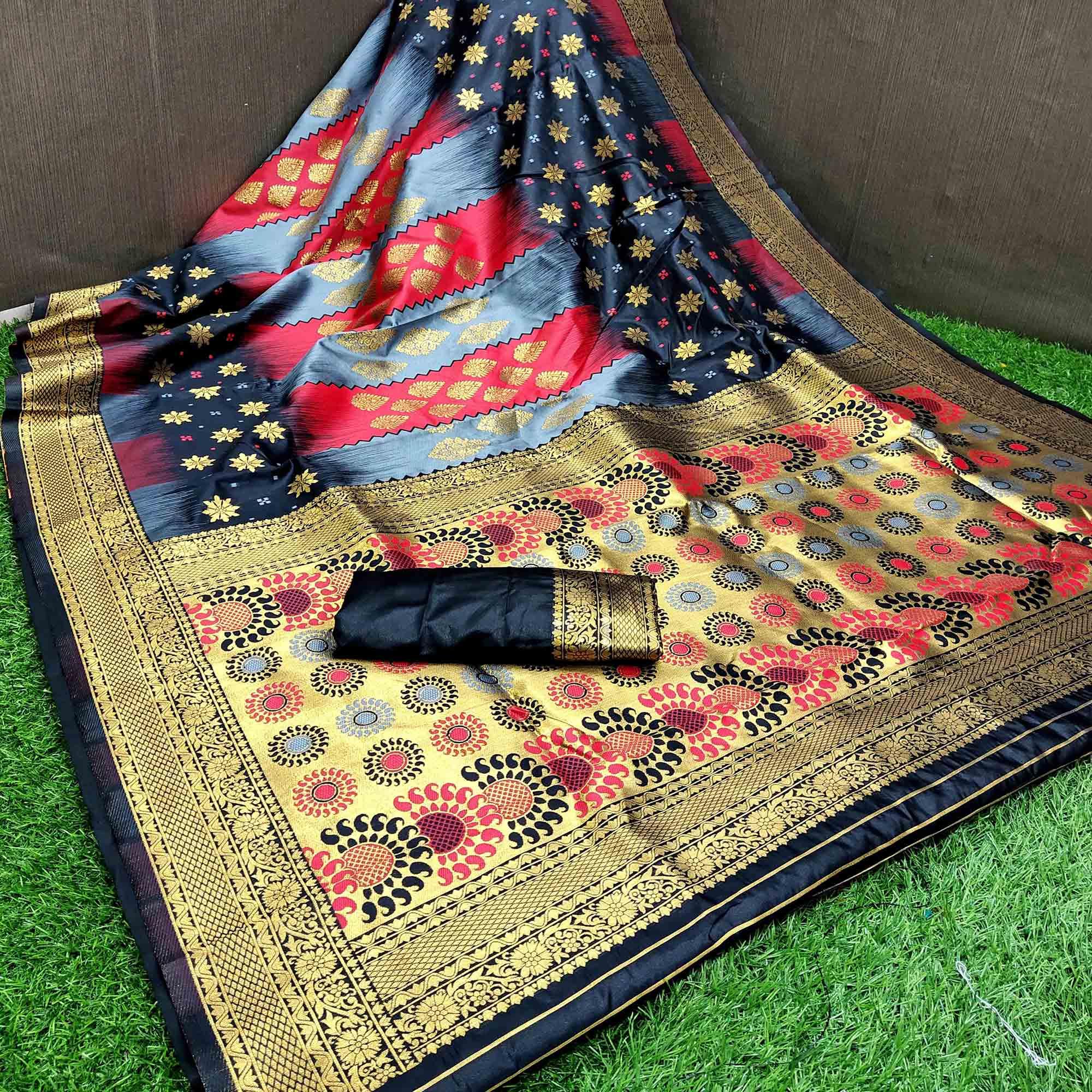 Elegant Multi Colored Festive Wear Woven Silk Saree - Peachmode