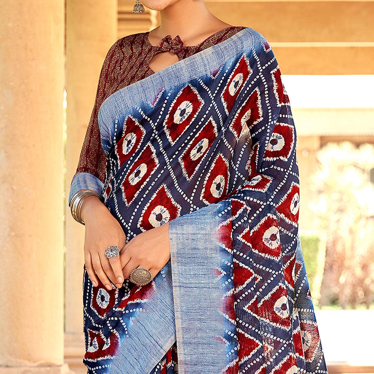 Elegant Navy Blue Colored Digital Printed Festive Wear Linen Designer Saree - Peachmode