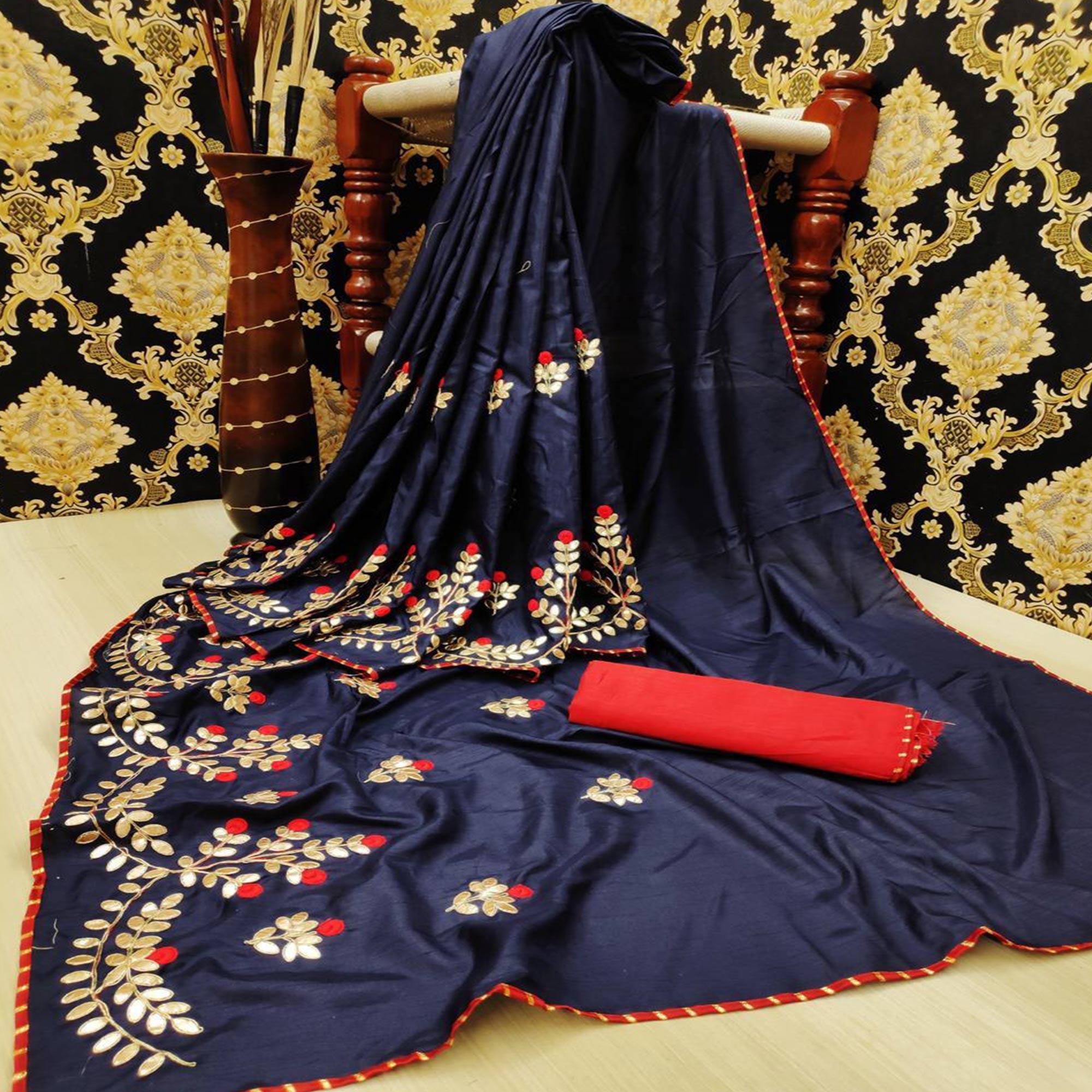Elegant Navy Blue Colored Festive Wear Butta Work Dola Silk Saree - Peachmode