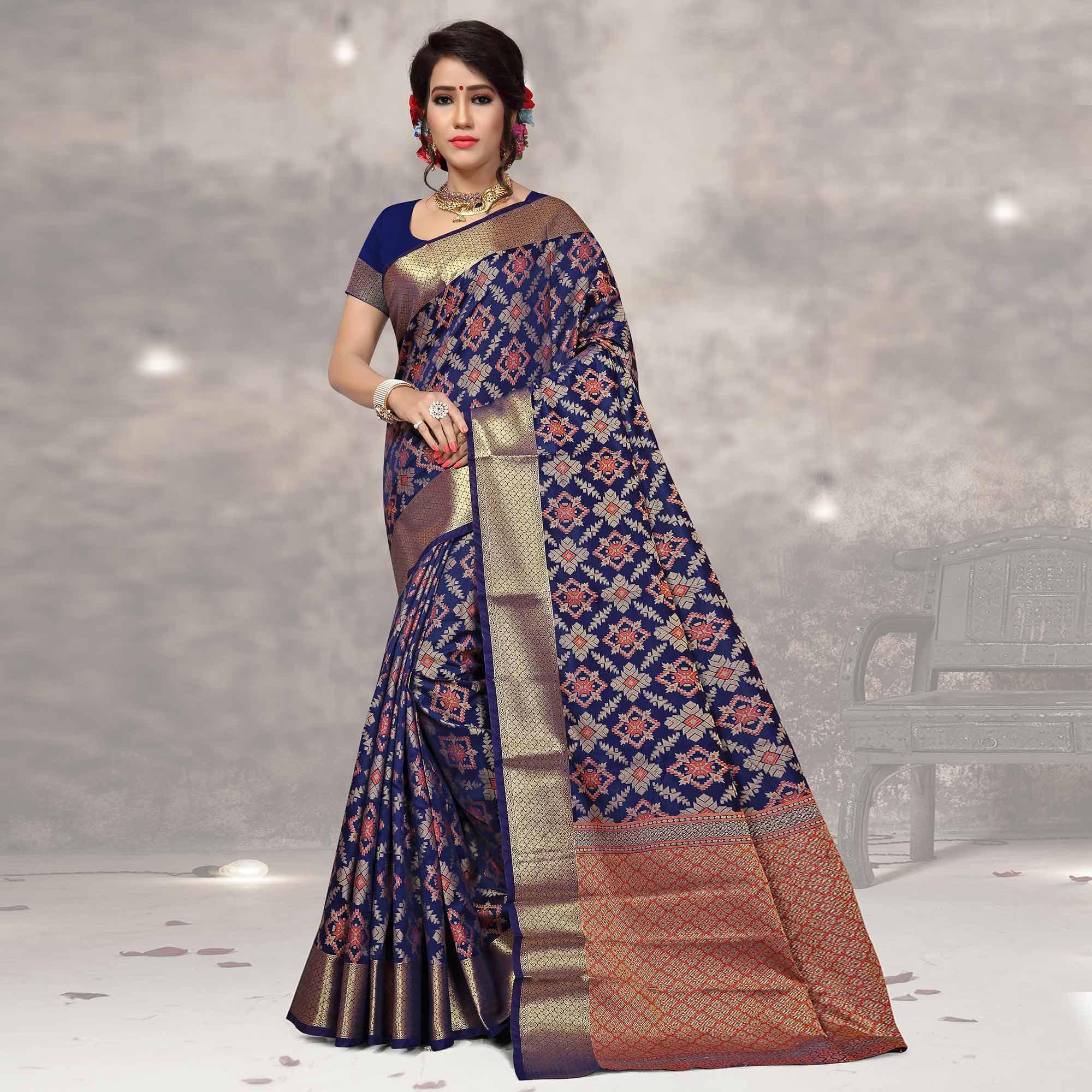 Elegant Navy Blue Colored Festive Wear Woven Silk Saree - Peachmode