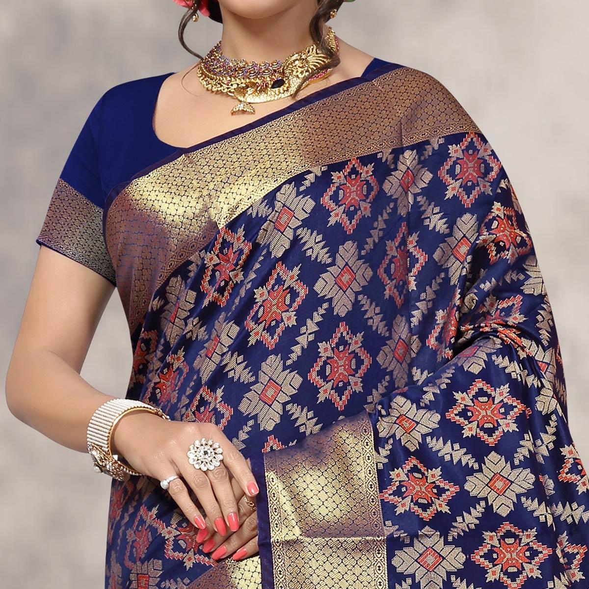 Elegant Navy Blue Colored Festive Wear Woven Silk Saree - Peachmode
