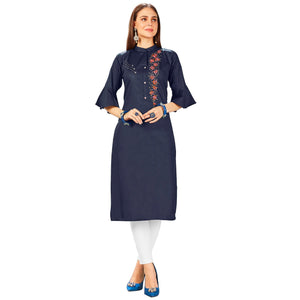 Elegant Navy Blue Colored Party Wear Embroidered Jam Cotton Silk Kurti - Peachmode
