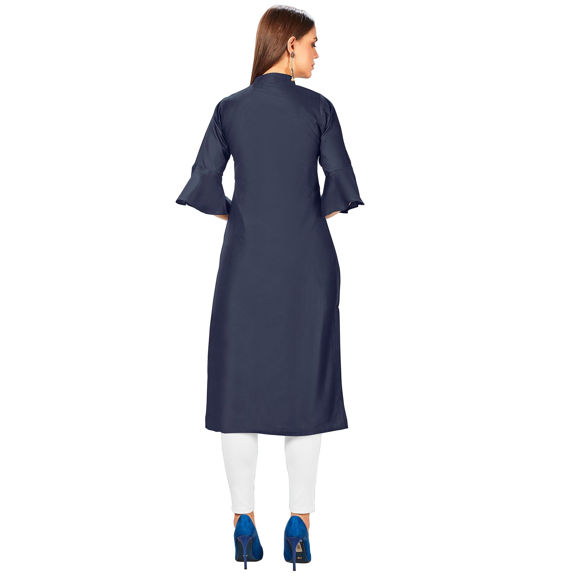 Elegant Navy Blue Colored Party Wear Embroidered Jam Cotton Silk Kurti - Peachmode