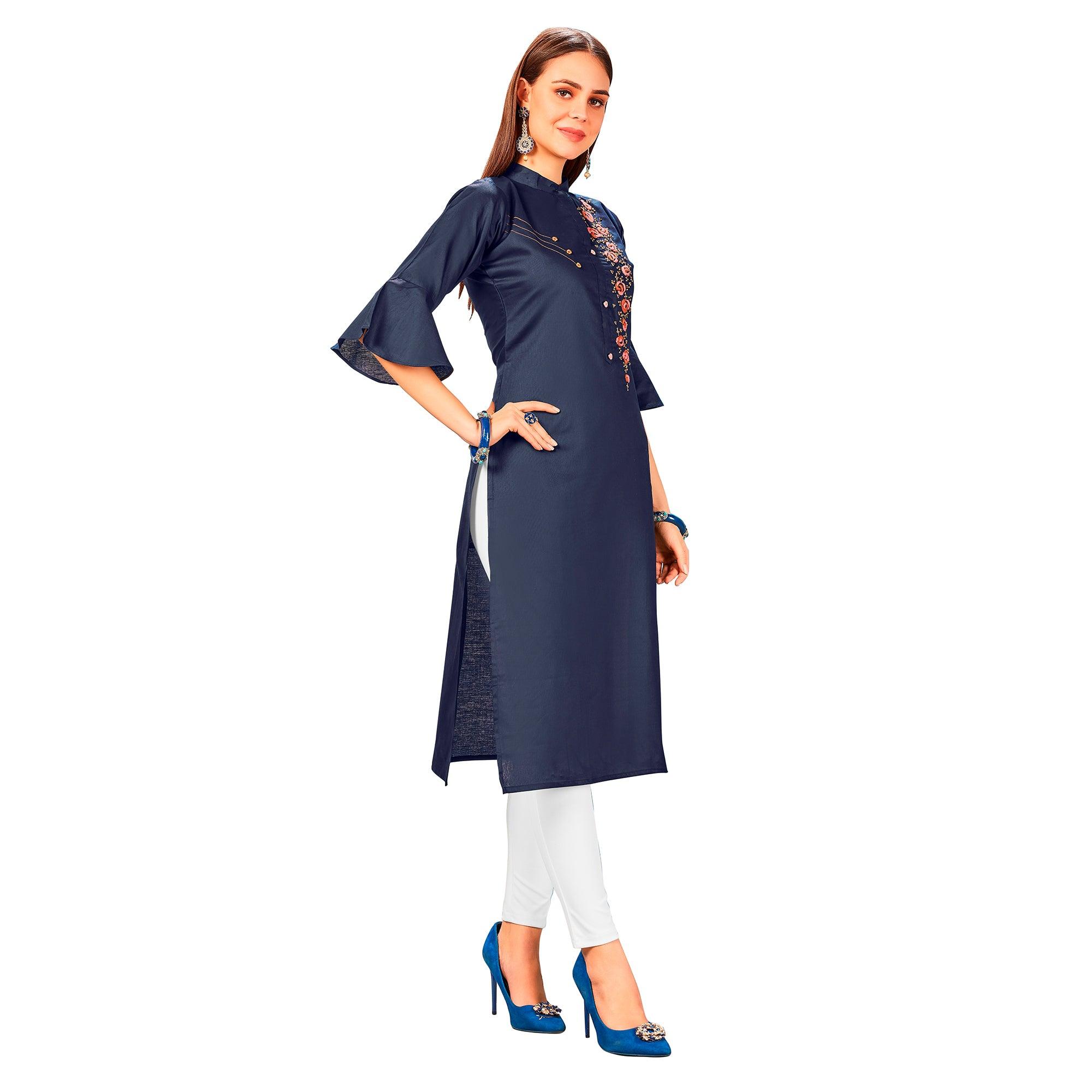 Elegant Navy Blue Colored Party Wear Embroidered Jam Cotton Silk Kurti - Peachmode