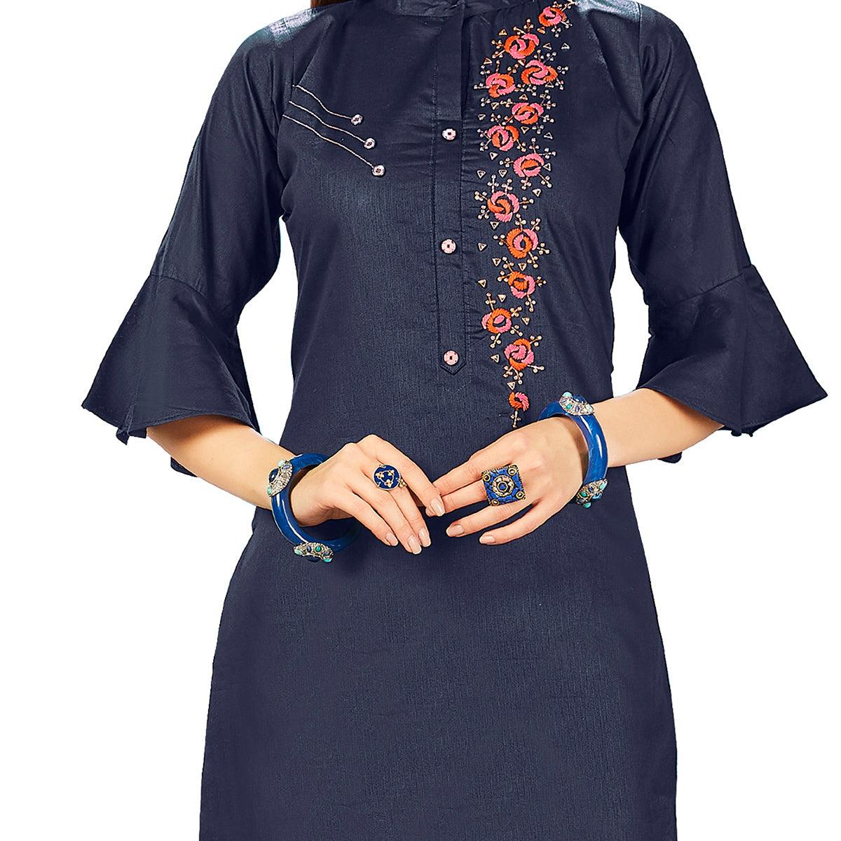 Elegant Navy Blue Colored Party Wear Embroidered Jam Cotton Silk Kurti - Peachmode