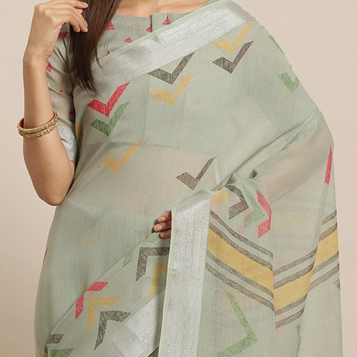Elegant Olive Colored Casual Wear Printed Linen Saree - Peachmode