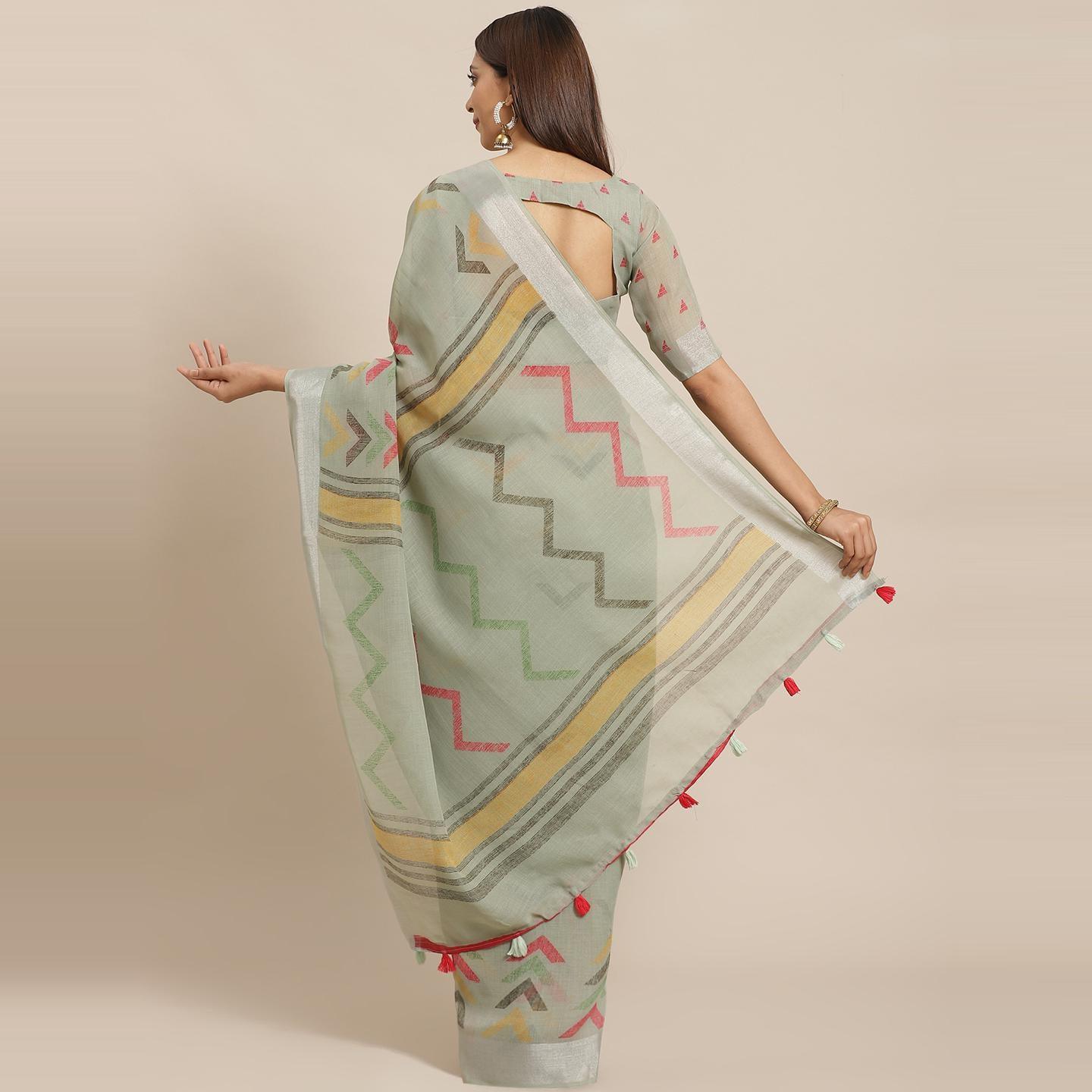 Elegant Olive Colored Casual Wear Printed Linen Saree - Peachmode