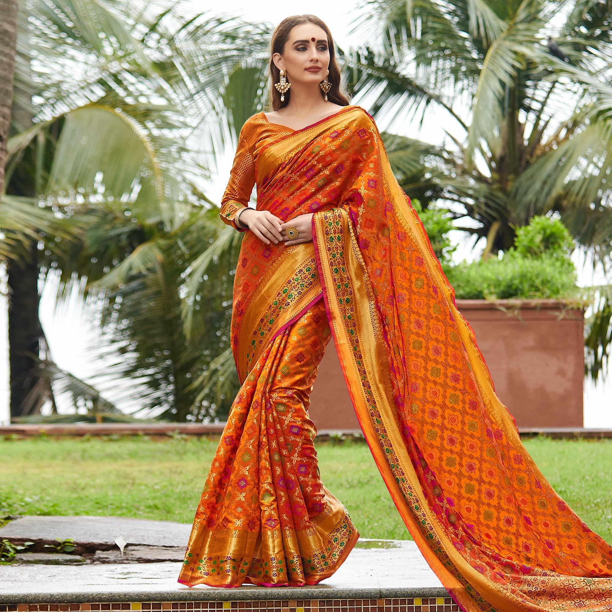 Elegant Orange Colored Festive Wear Woven Silk Saree - Peachmode