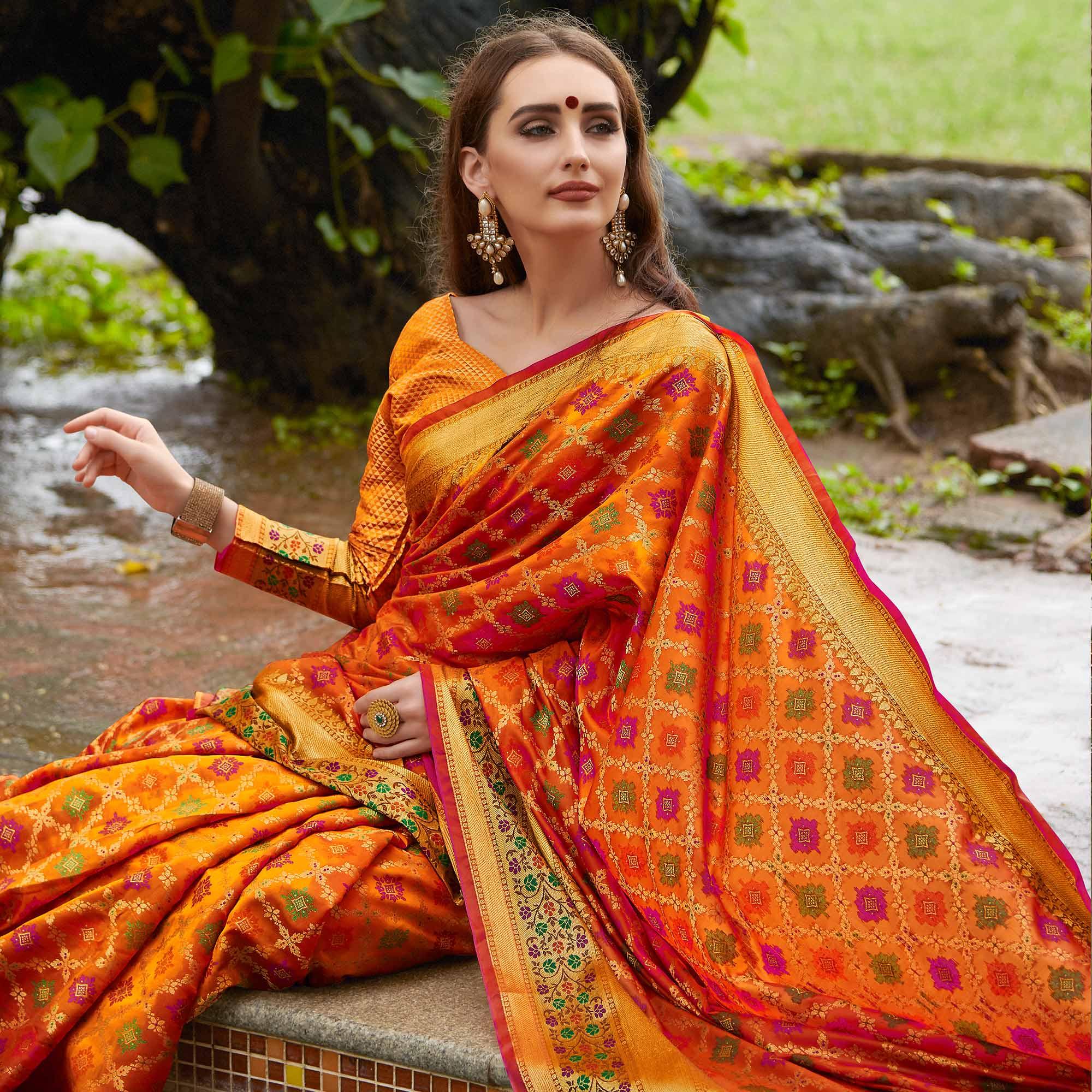 Elegant Orange Colored Festive Wear Woven Silk Saree - Peachmode