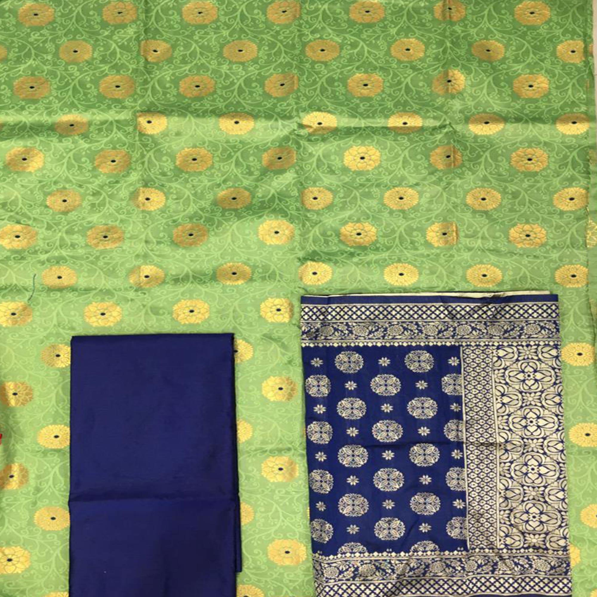 Elegant Parrot Green Colored Casual Woven Banarasi Silk Dress Material - Peachmode
