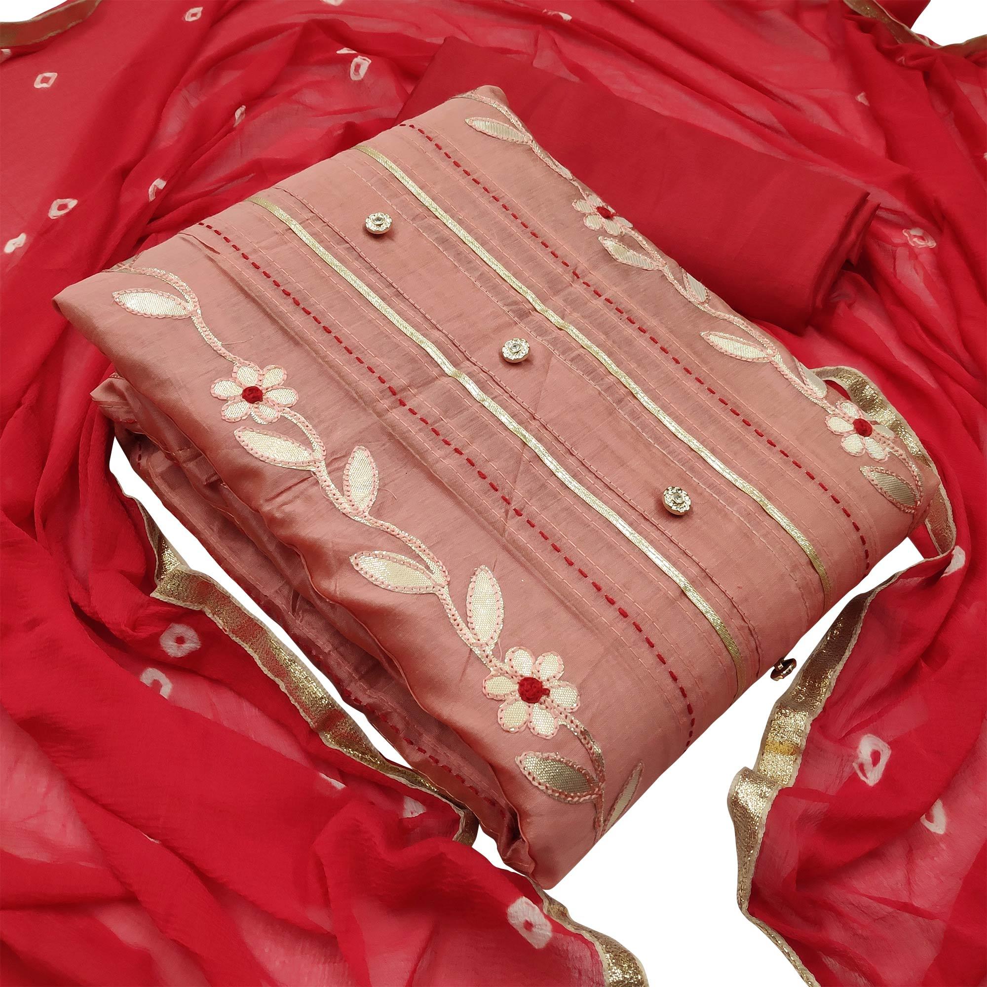 Elegant Peach Colored Festive Wear Embroidered Modal Silk Dress Material - Peachmode