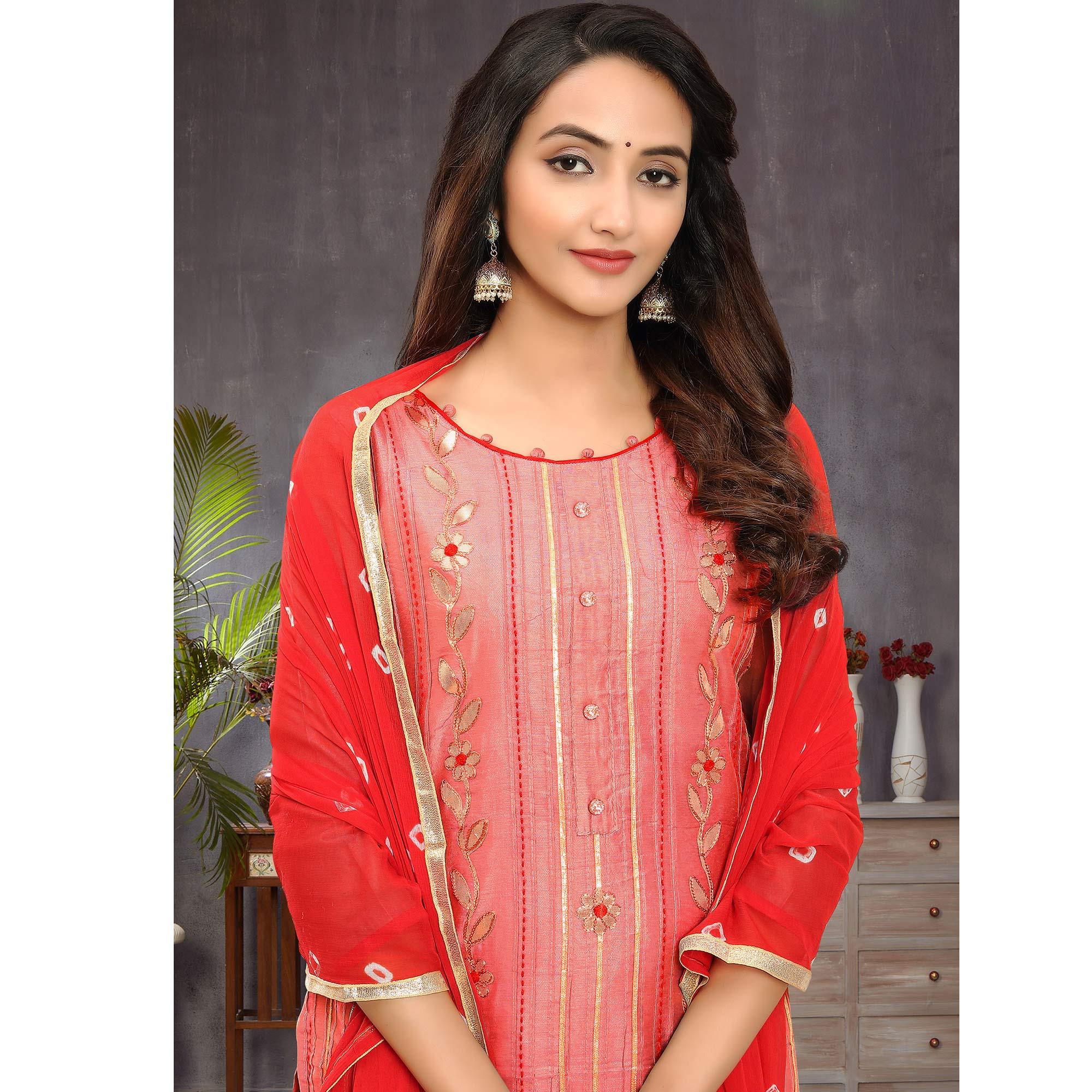 Elegant Peach Colored Festive Wear Embroidered Modal Silk Dress Material - Peachmode